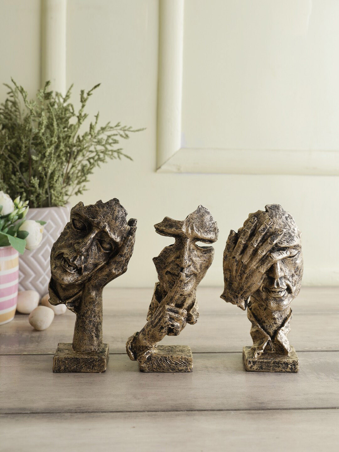 CraftVatika Human Face with Hand Brown Polyresin Natural Living Room Hand Made Set of 3 Medium Showpieces - 6.5 Inches