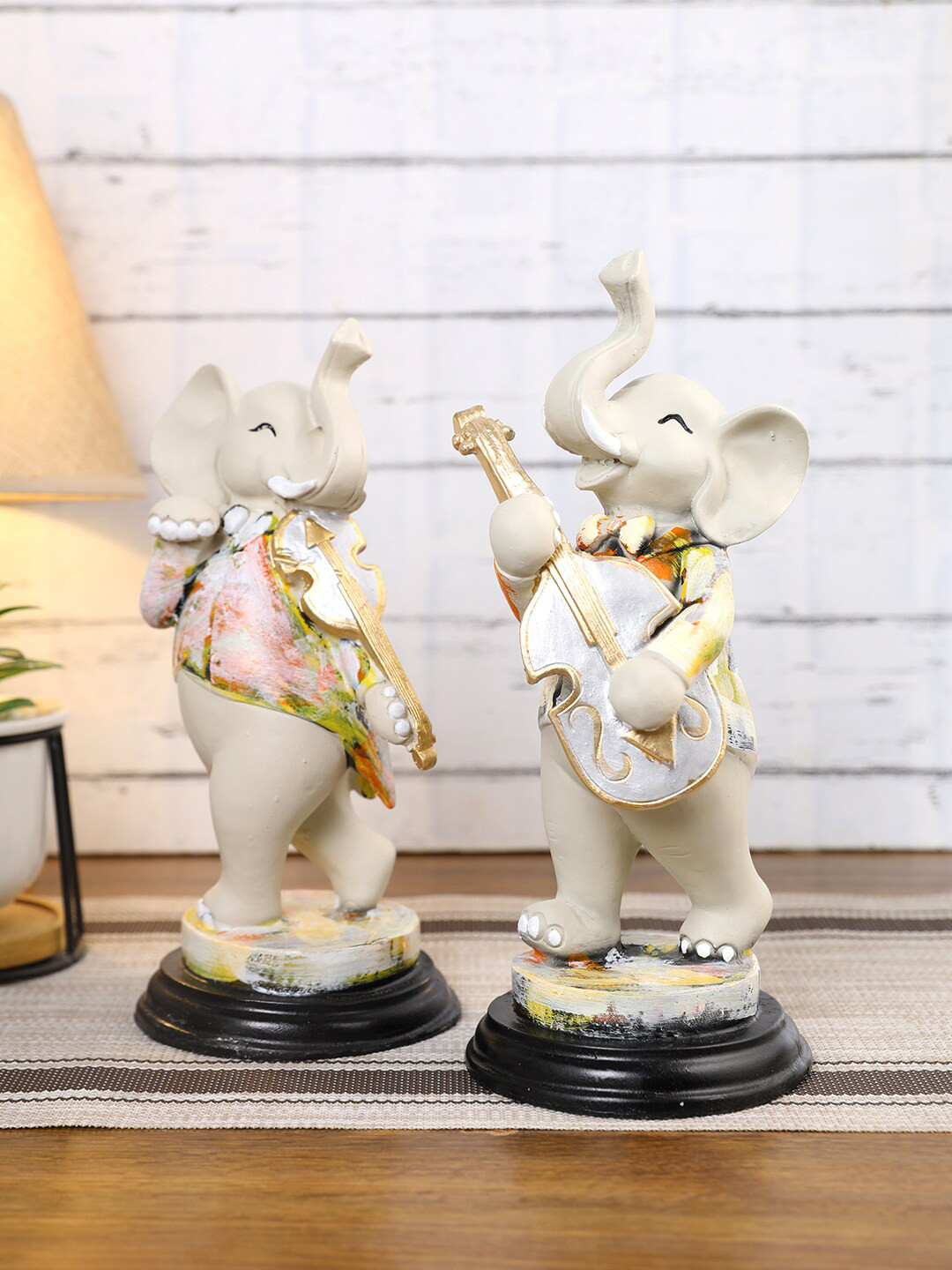 CraftVatika Trunk up Musical Elephant Cream Polyresin Glossy Living Room Music Set of 2 Large Showpieces - 10.5 Inches