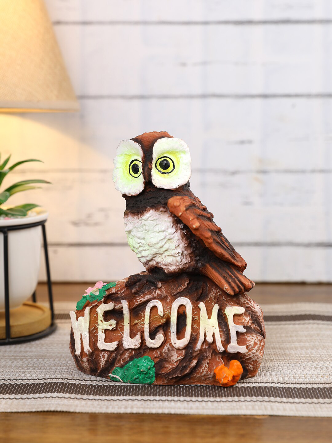 CraftVatika Welcome Owl Brown Polyresin Glossy Living Room Medium Showpiece - 6.6 Inches