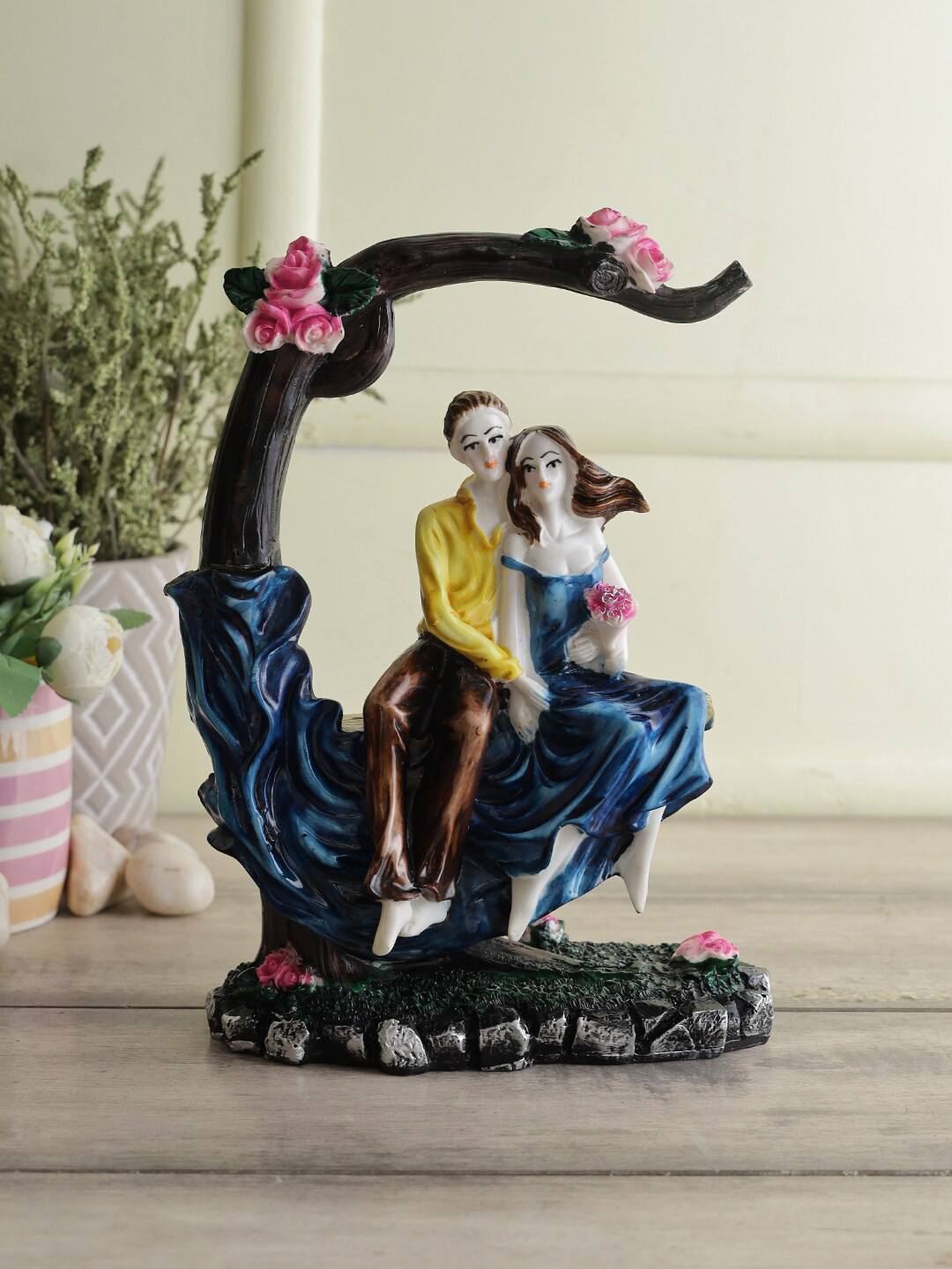 CraftVatika Romantic Love Couple Sitting On Tree Blue Polyresin Natural Living Room Large Showpiece - 3 Inches