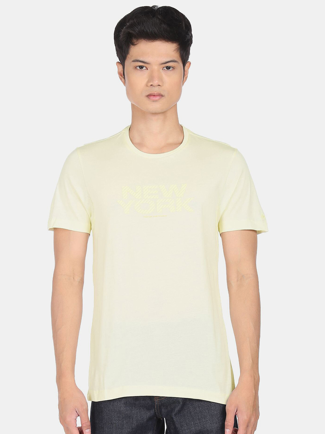 Arrow Men Yellow Typography Printed Pure Cotton T-shirt