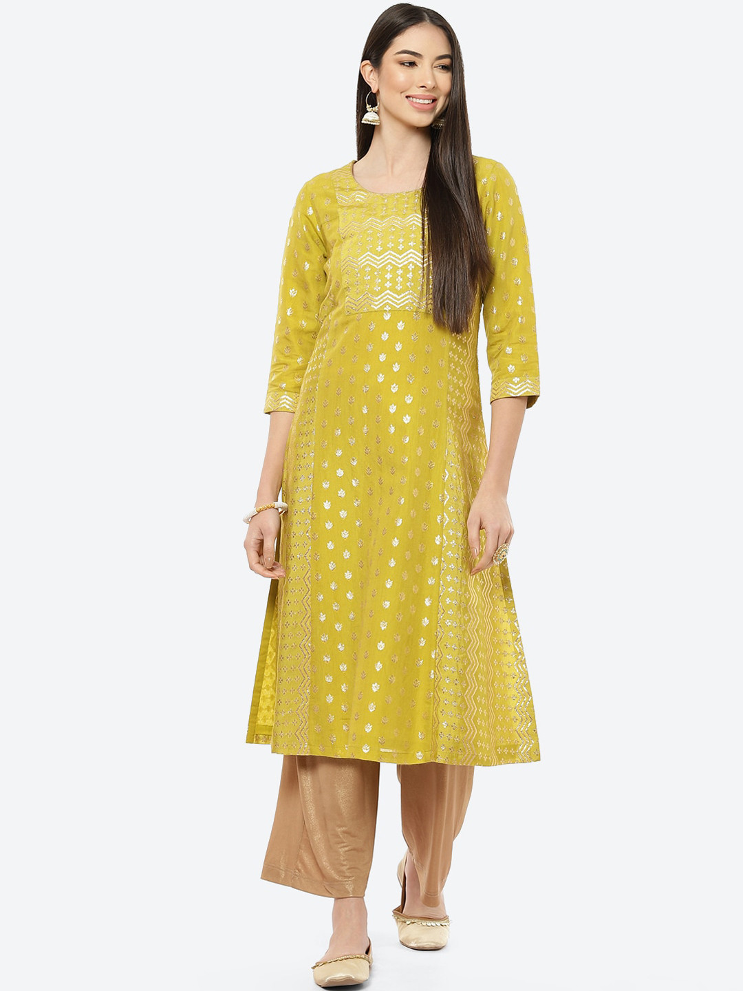 Rangriti Women Lime Green Ethnic Motifs Printed Thread Work Brocade Kurta