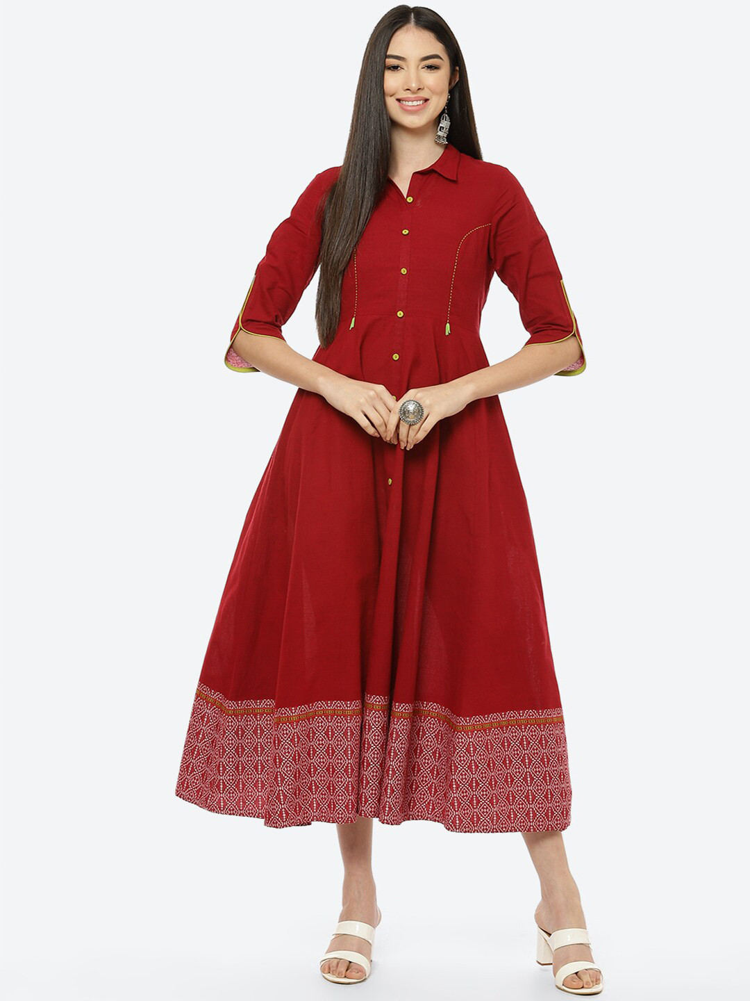 Rangriti Maroon Geometric Printed Shirt Midi Dress
