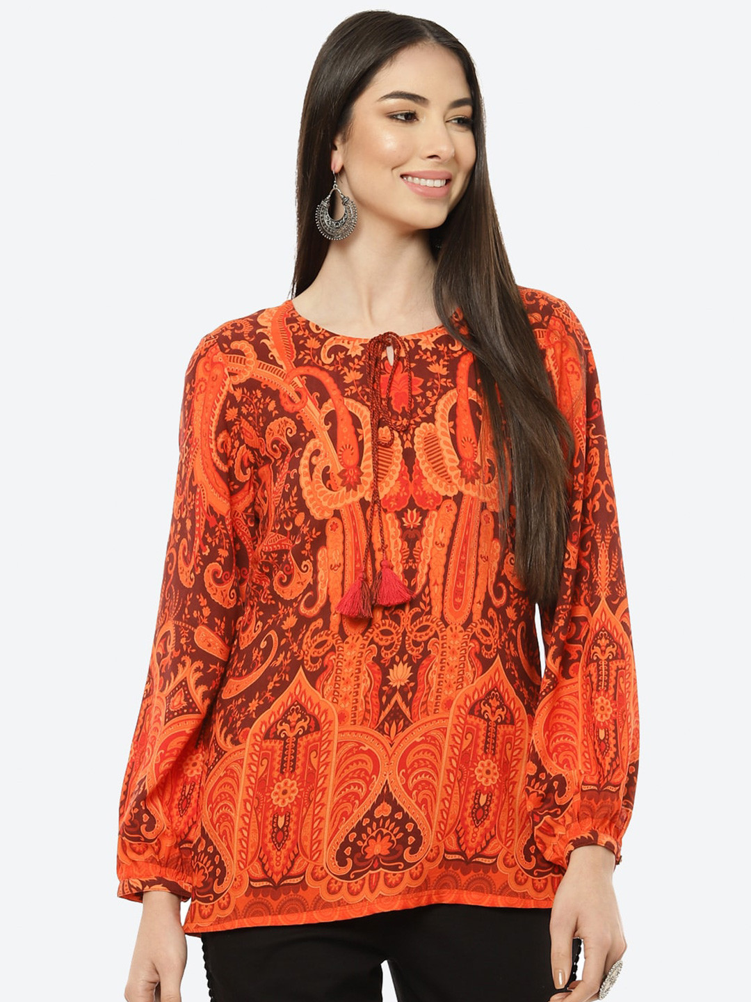 Rangriti Orange Print Tie-Up Neck Top
