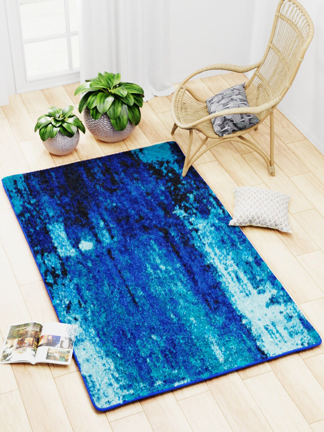 BIANCA Blue Abstract Design Anti-Skid Soft Rectangular Shaggy Carpet