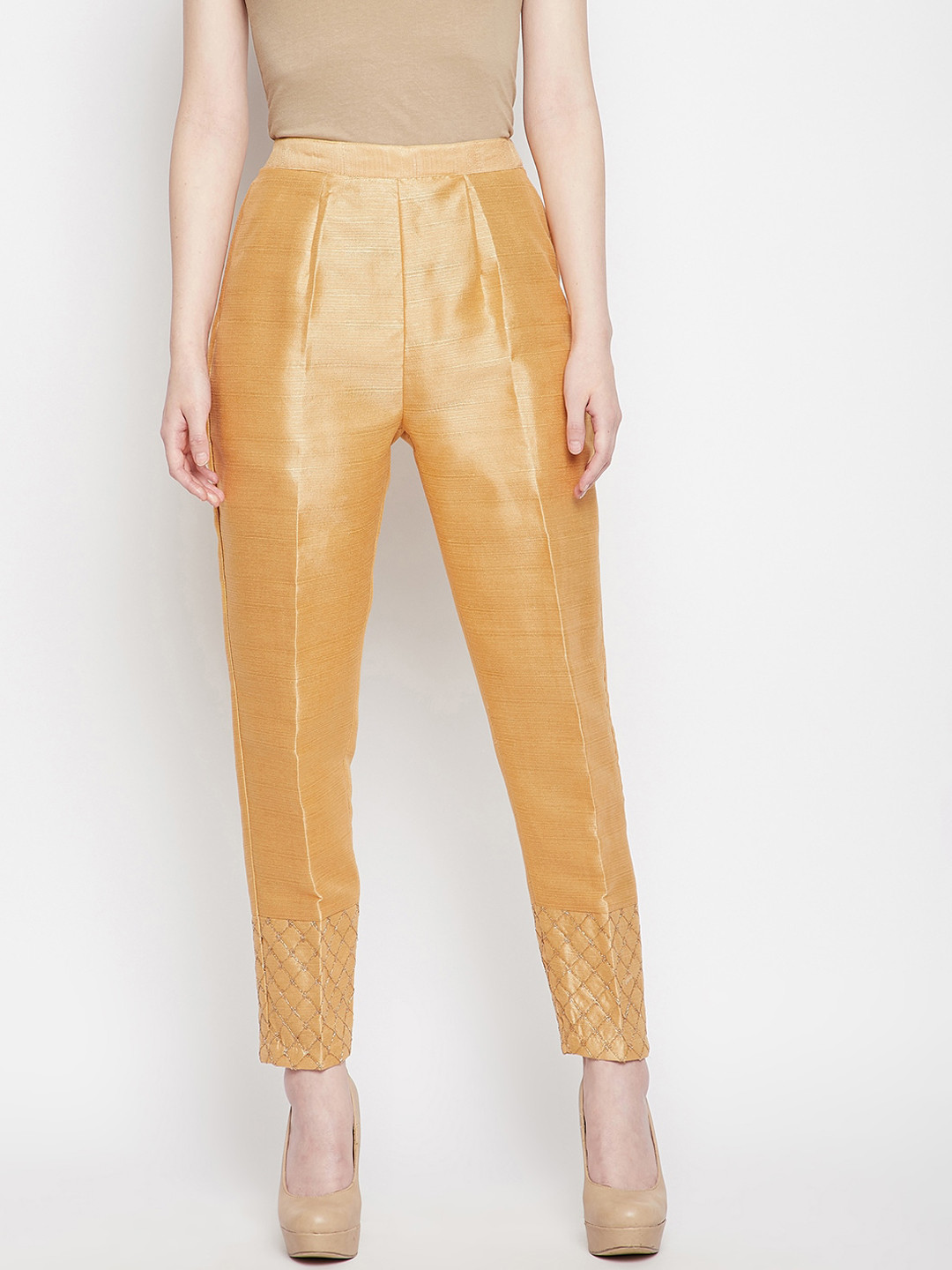 Clora Creation Women Beige Smart Pleated Silk Trousers