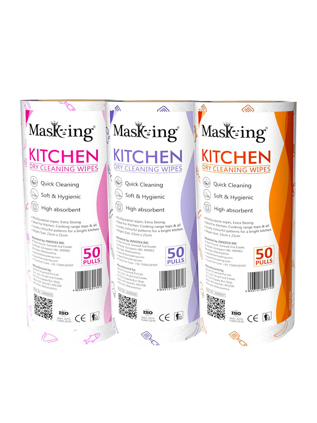 MasKing Set of 3 White Kitchen Cleaning Roll Wipes - 50 Pulls each