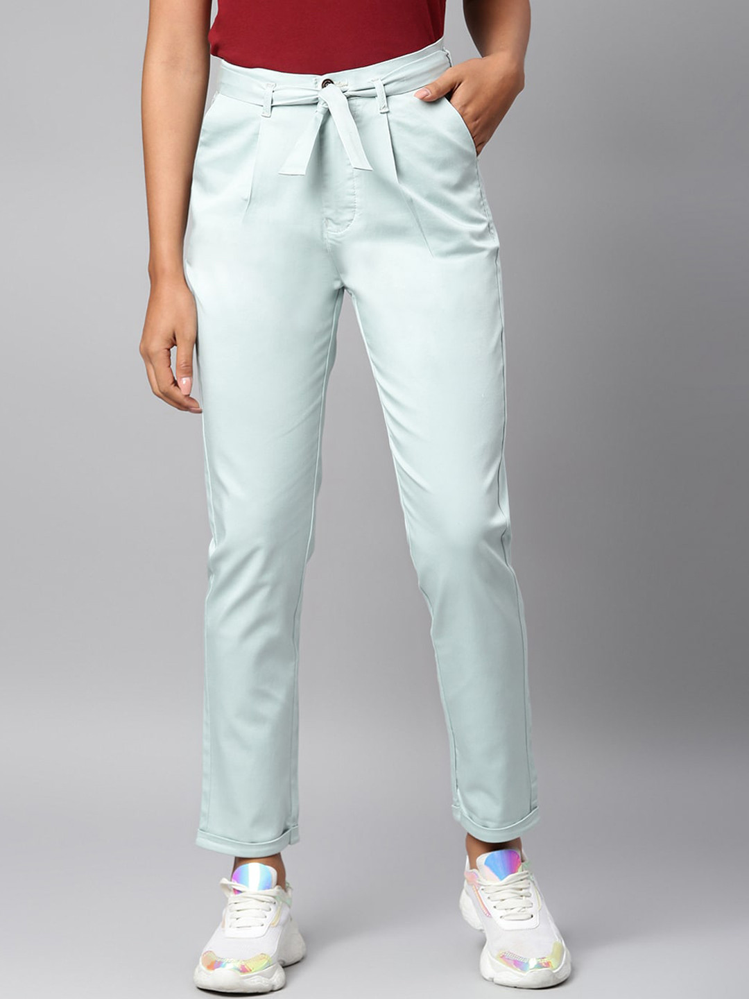 Code 61 Women Lime Green Slim Fit High-Rise Trousers