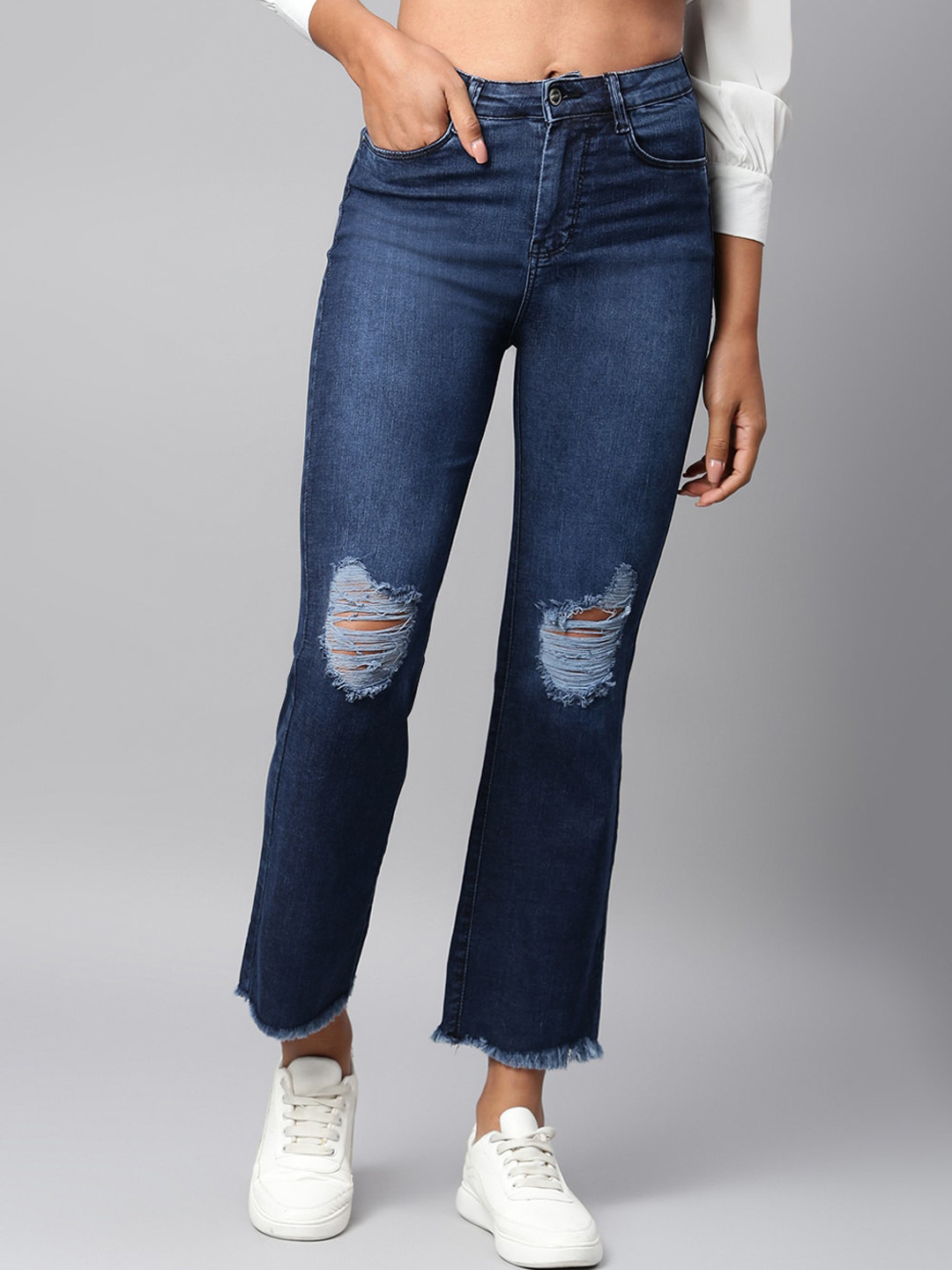 Code 61 Women Navy Blue Wide Leg High-Rise Mildly Distressed Light Fade Stretchable Jeans