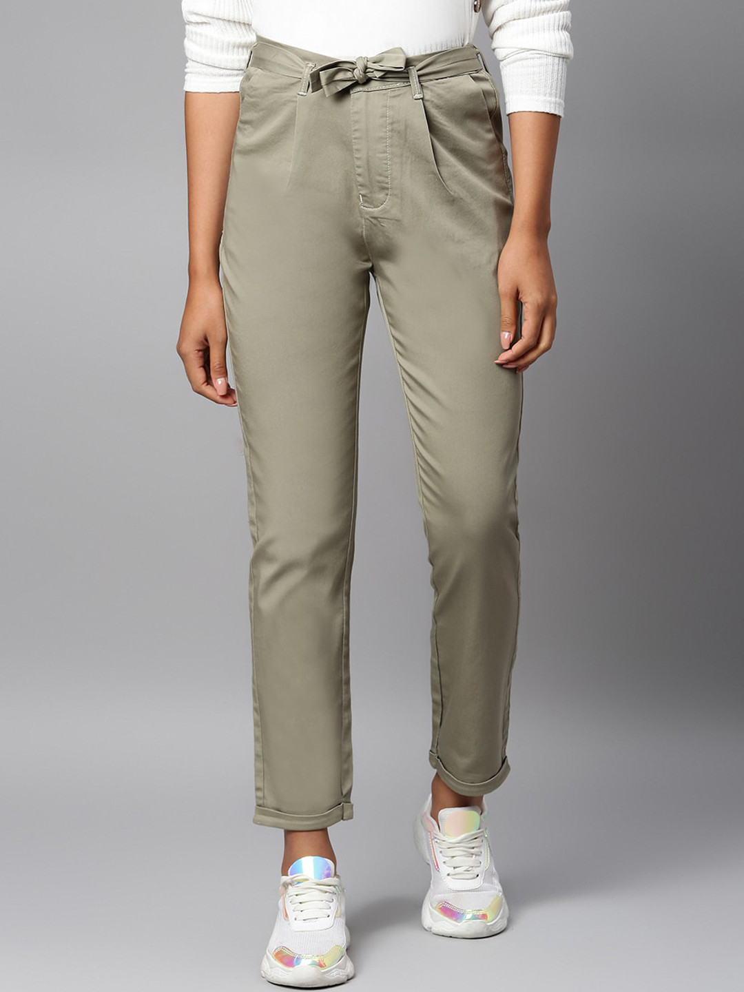 Code 61 Women Khaki Slim Fit High-Rise Chinos Trousers