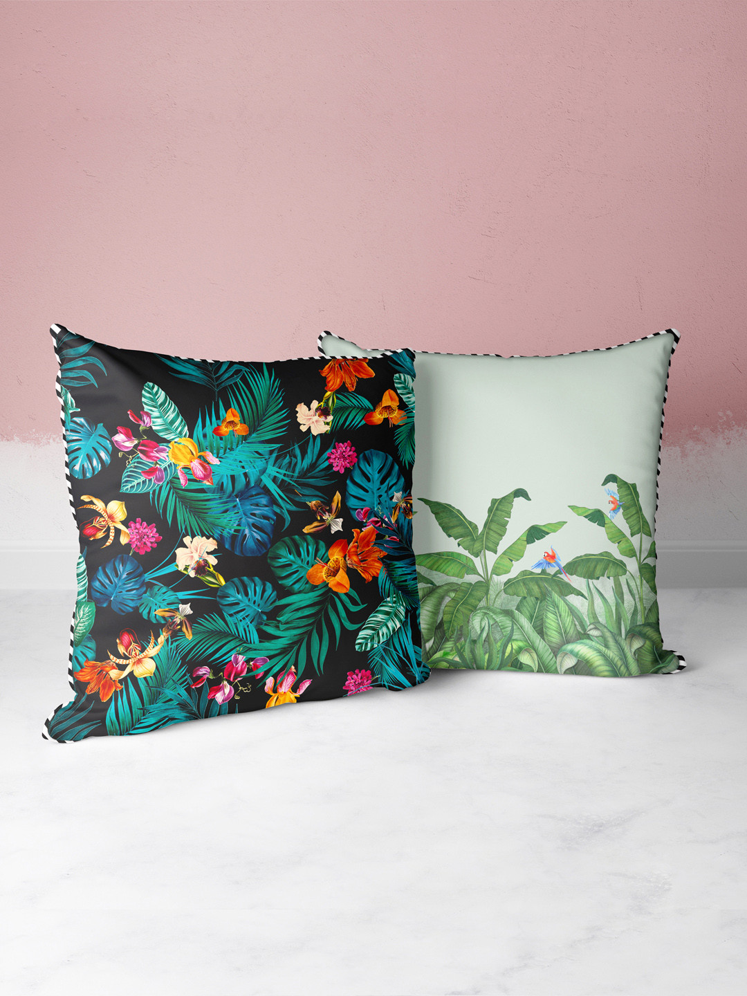 BIANCA Black Floral Faux Silk Linen HD Digital 2 Piece Square Cushion Covers -18x18In