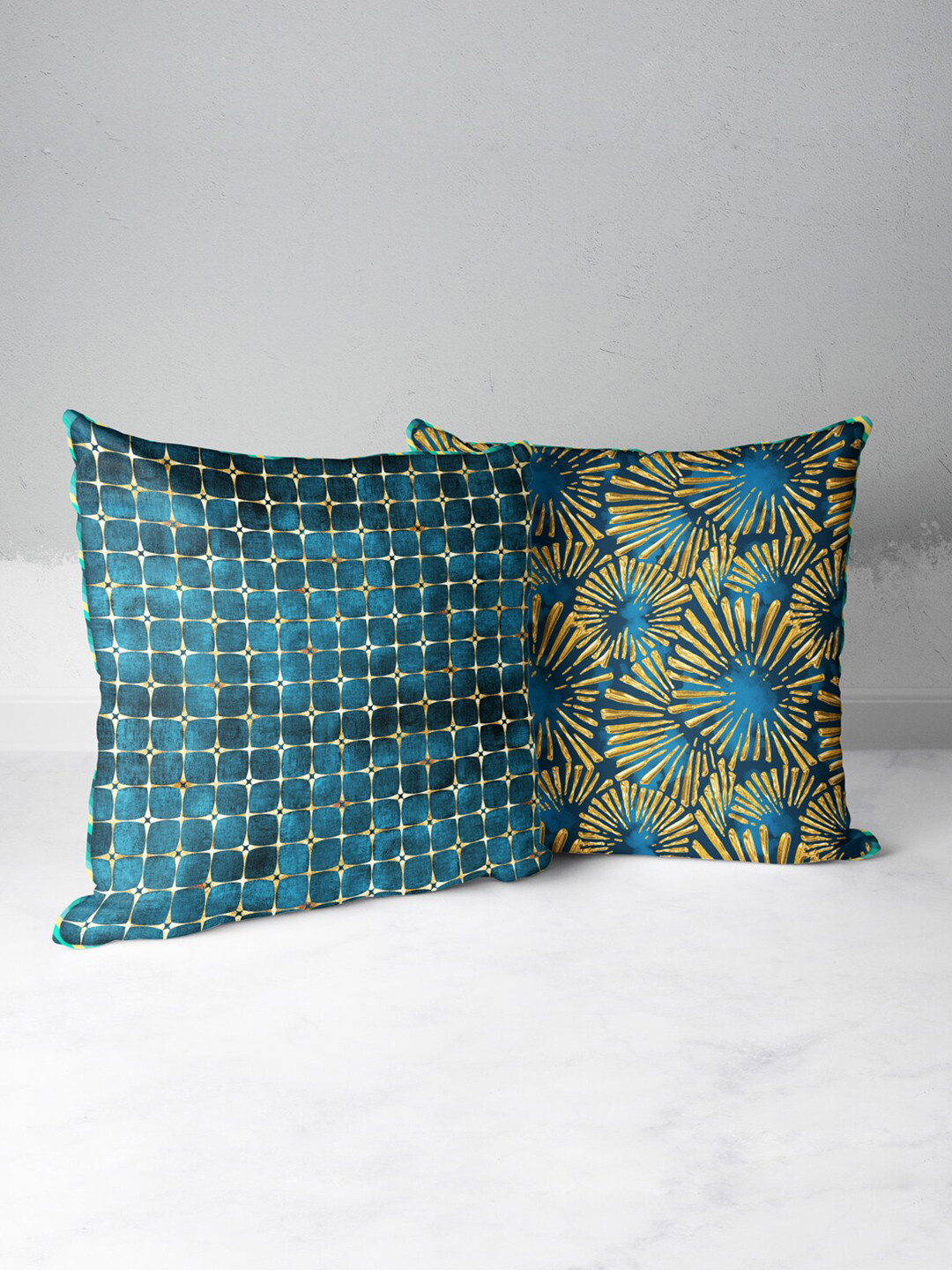 BIANCA Teal Geometric Polyester Washable 2 Piece Square Cushion Covers - 16 x 16 Inches