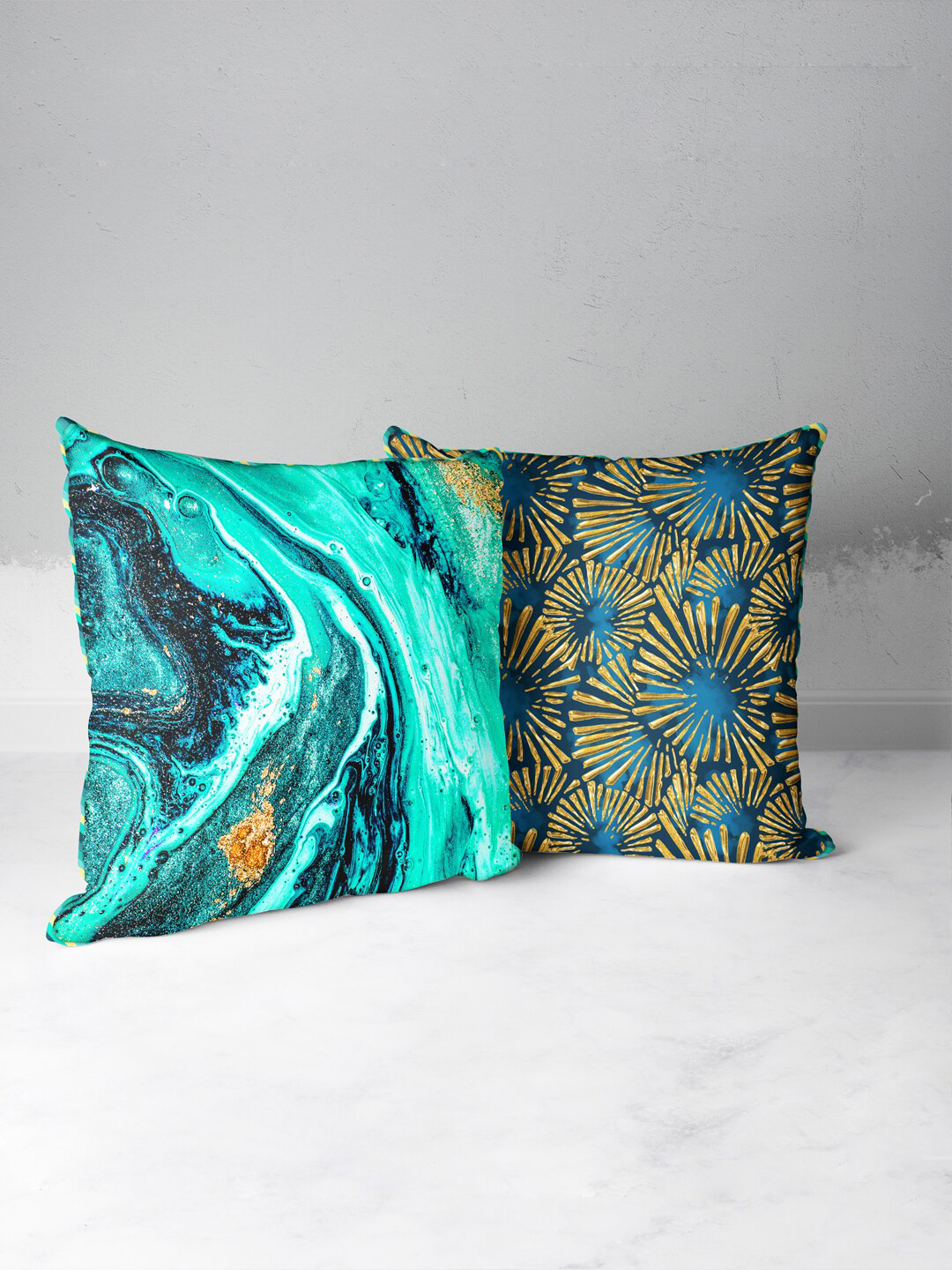 BIANCA Teal Abstract Polyester Silk HD Digital 2 Piece Square Cushion Covers -16x16In