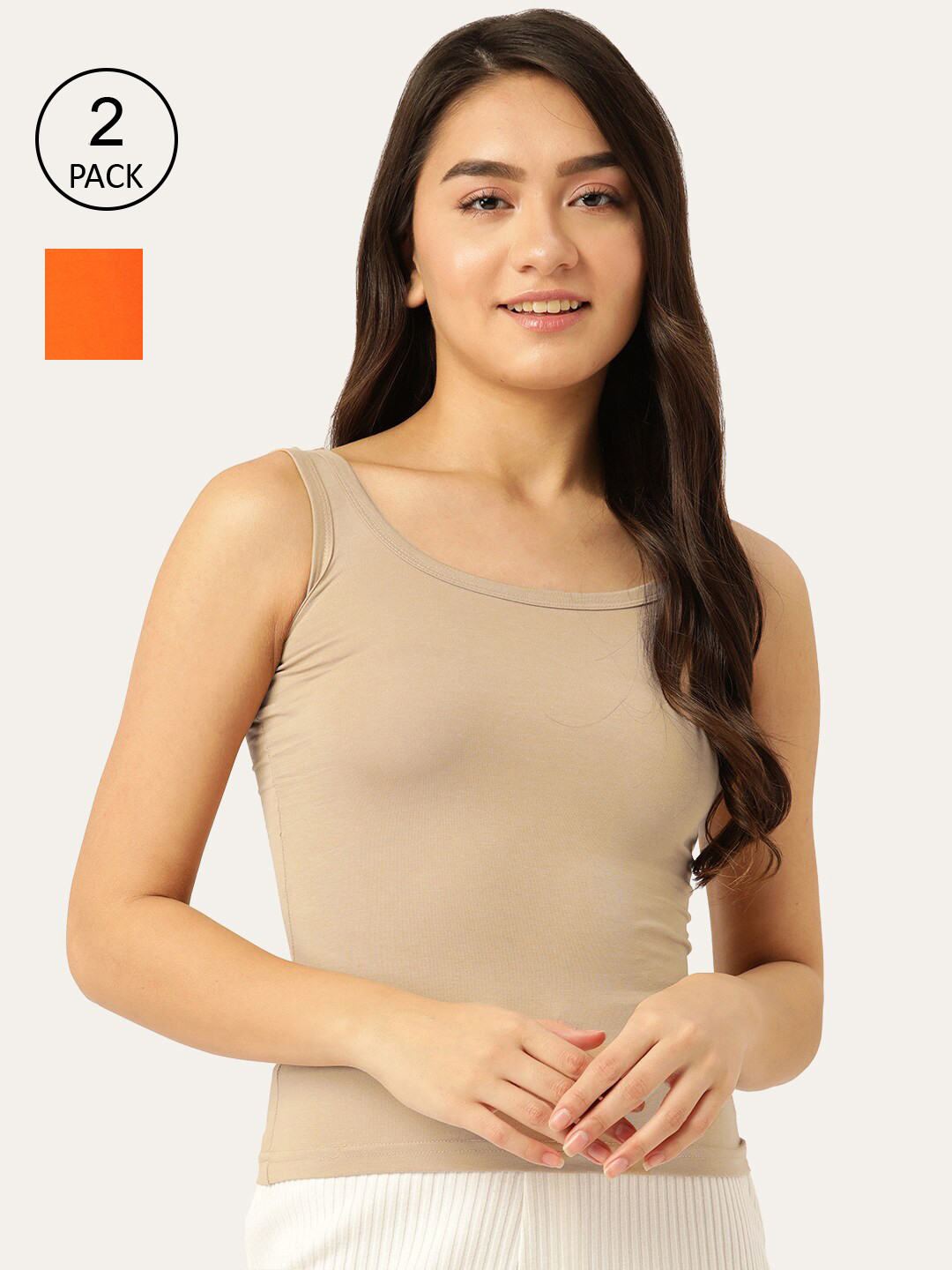 Lady Lyka Women Camel Brown & Orange Pack of 2 Solid Non-Padded Cotton Camisoles