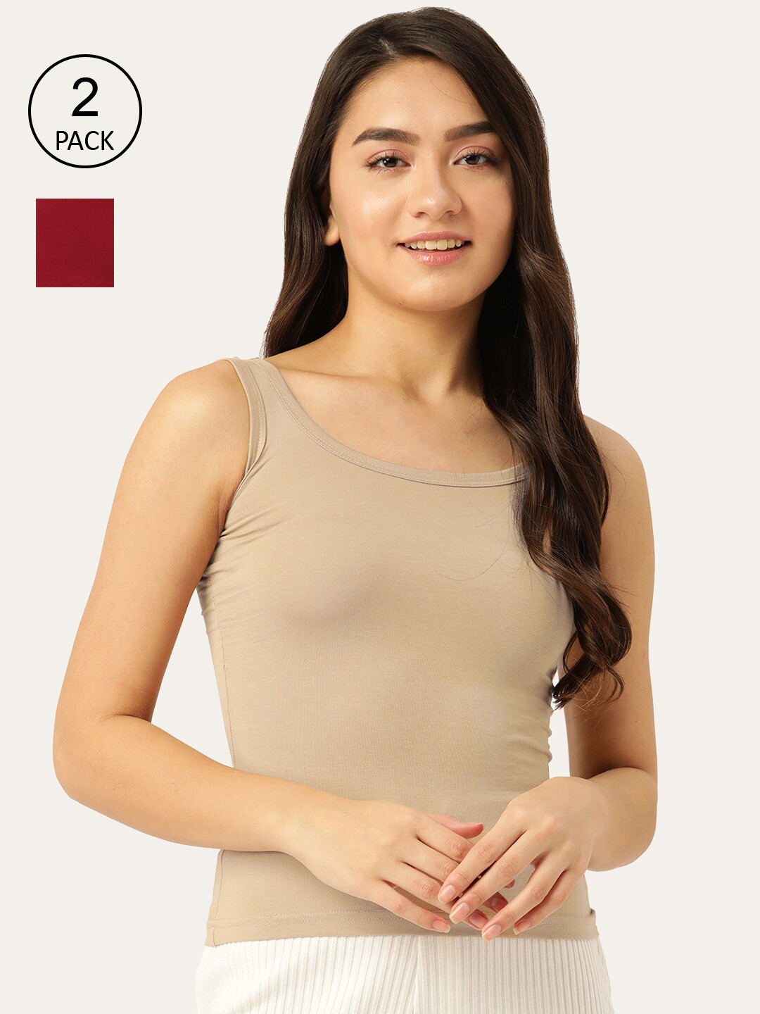 Lady Lyka Women Camel Brown & Red Pack of 2 Solid Cotton Camisoles