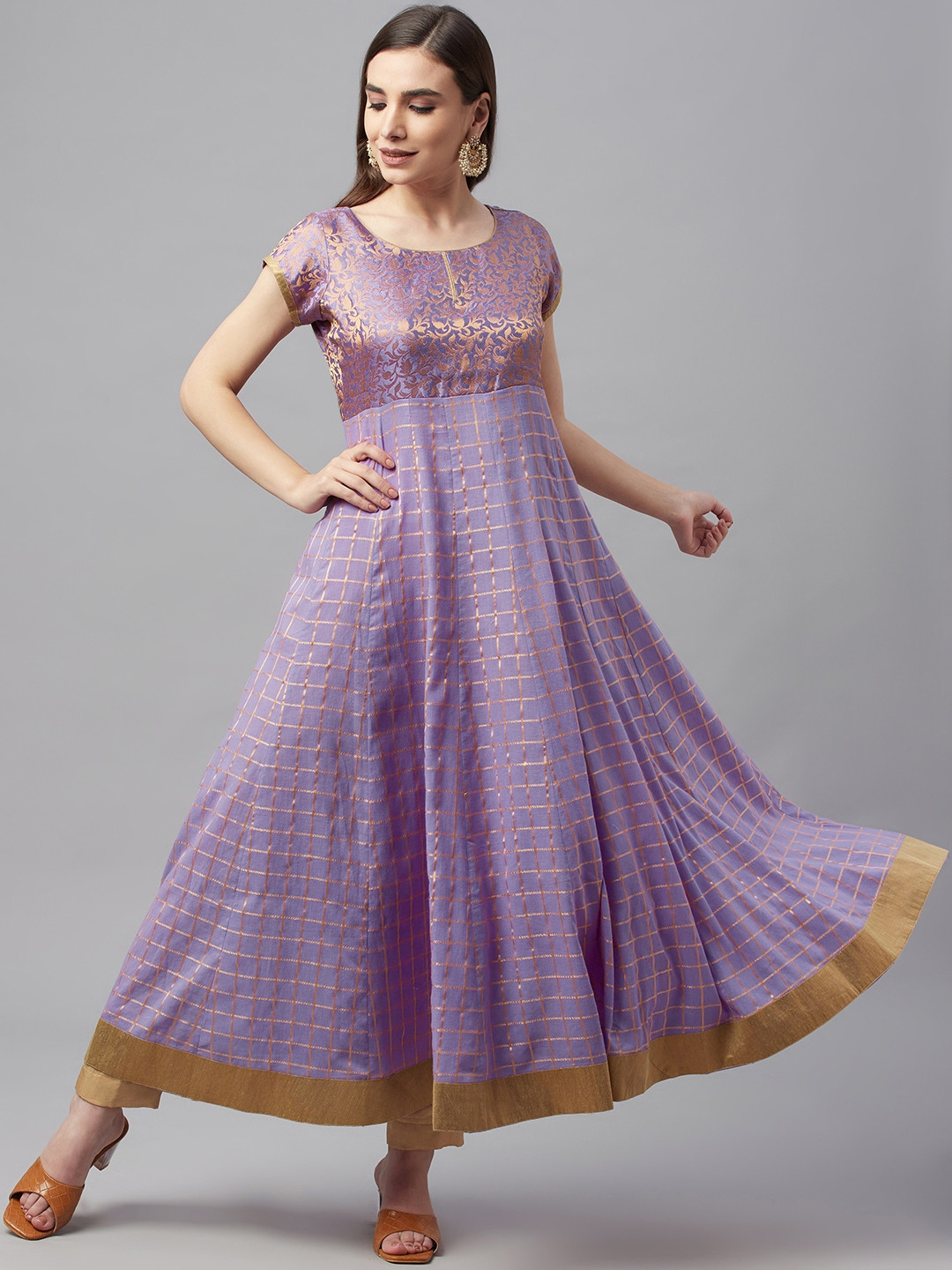 MBE Women Lavender Checked Anarkali Kurta
