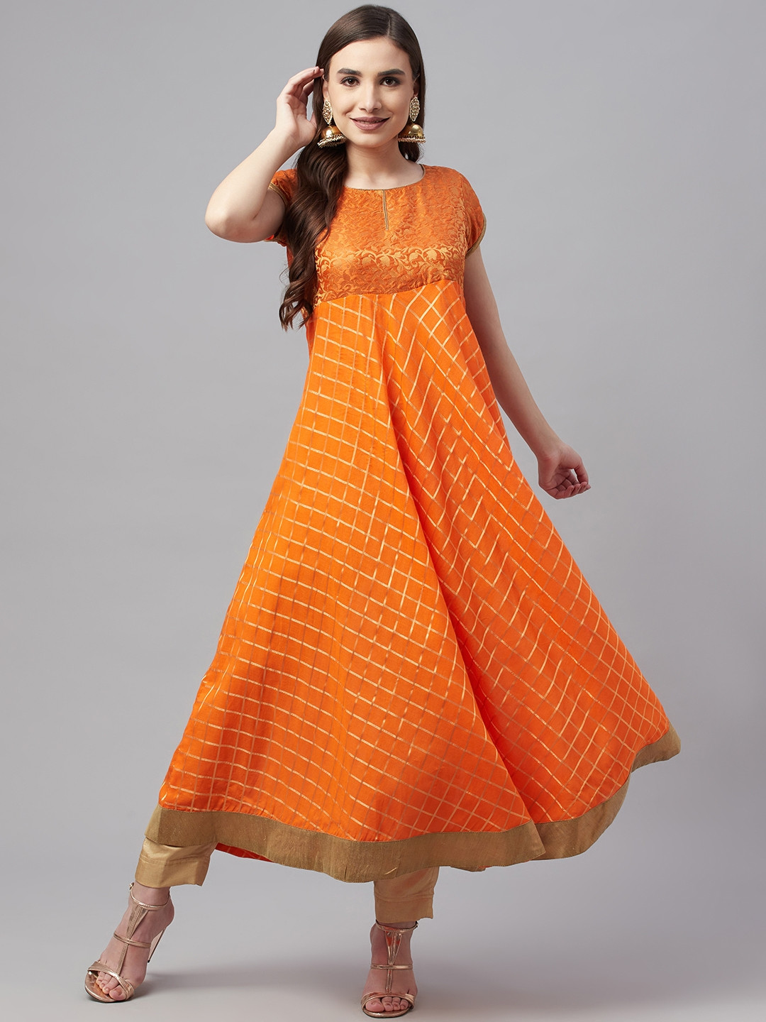 MBE Women Orange Checked Brocade Anarkali Kurta
