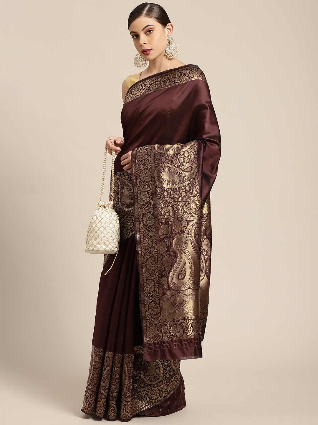 KALINI Brown & Gold-Toned Woven Design Zari Silk Blend Banarasi Saree