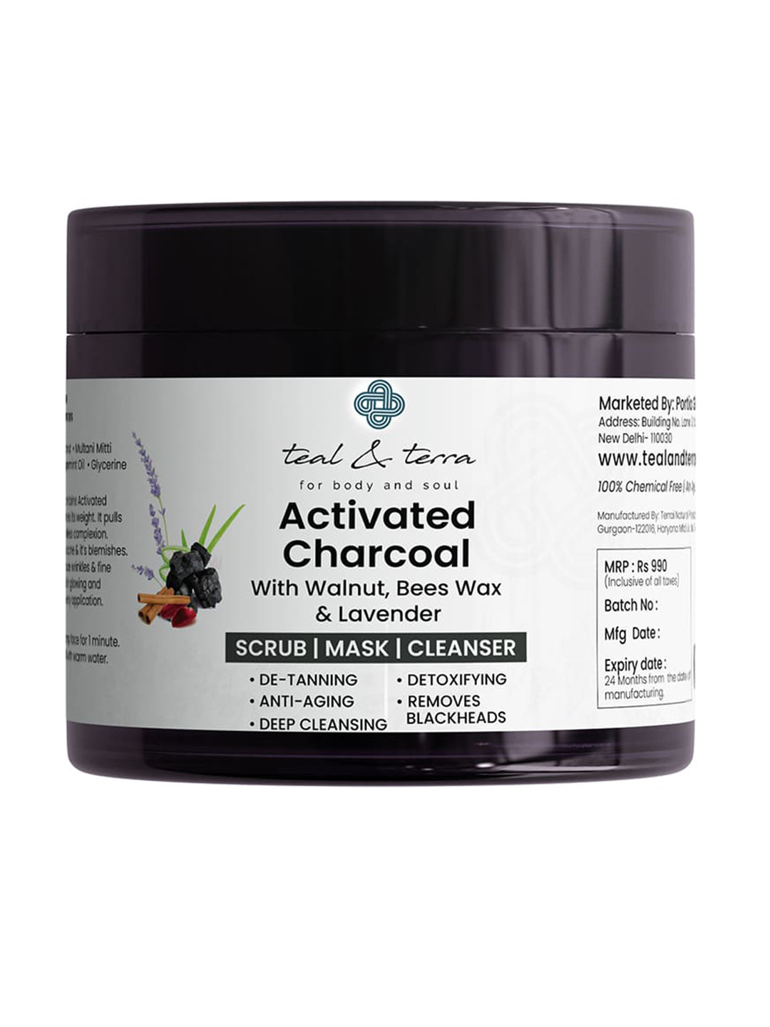 teal & terra Activated Charcoal Scrub-Mask-Cleanser with Bee Wax - 100 g