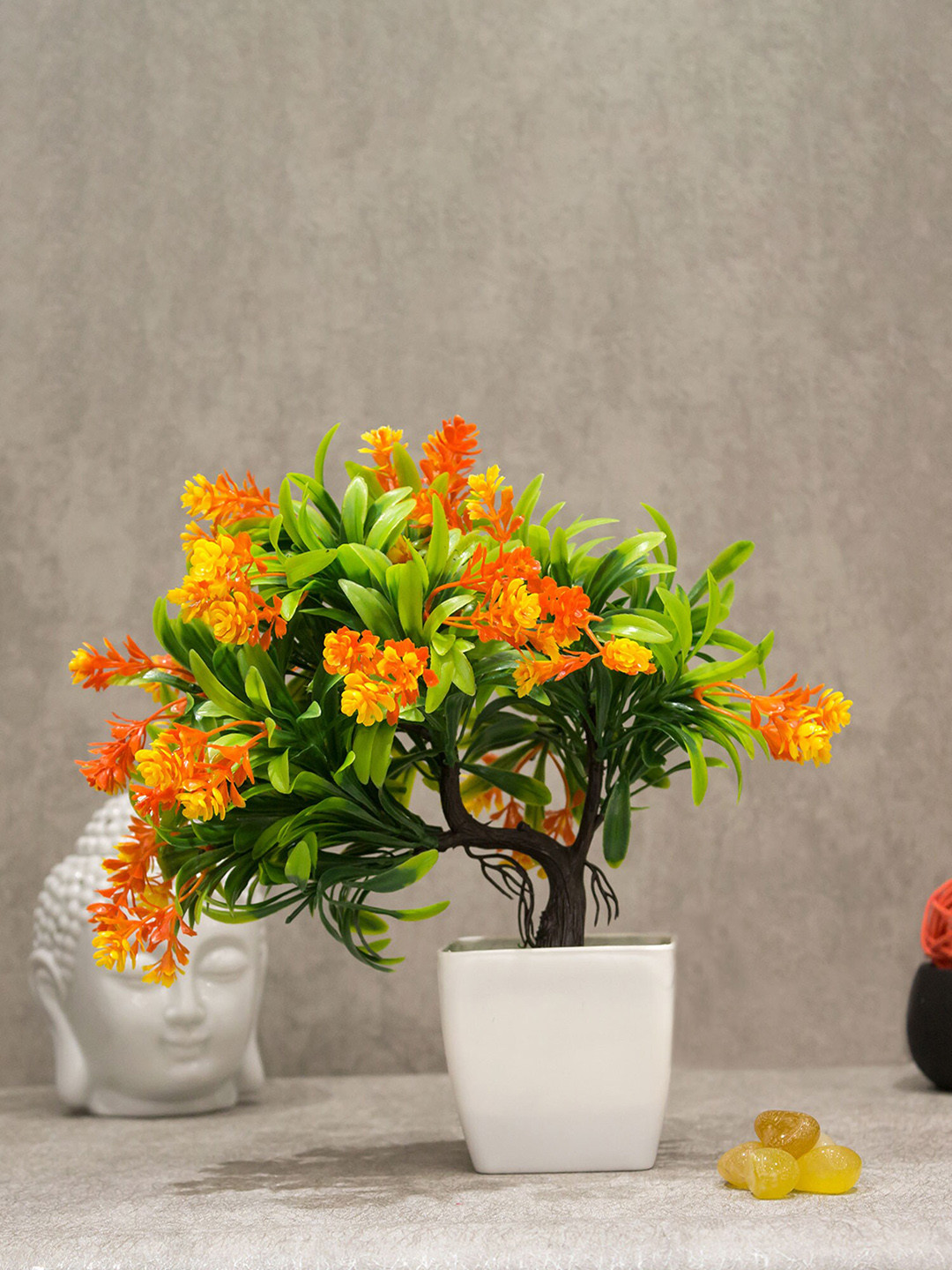 AMFLIX Green & Orange Bonsai Artificial Flower Plant With Pot