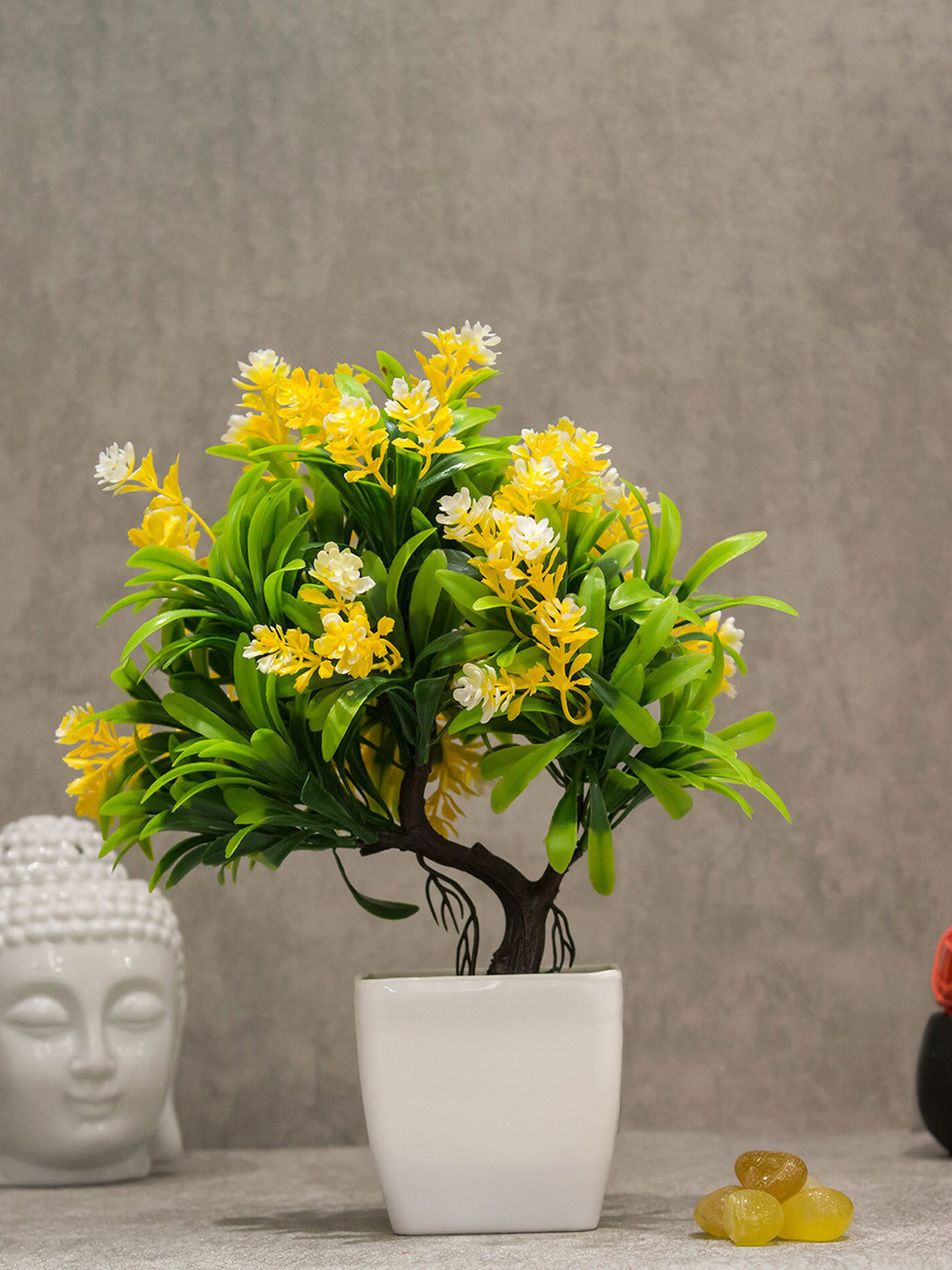 AMFLIX Green & Yellow Bonsai Artificial Flower Plant With Pot