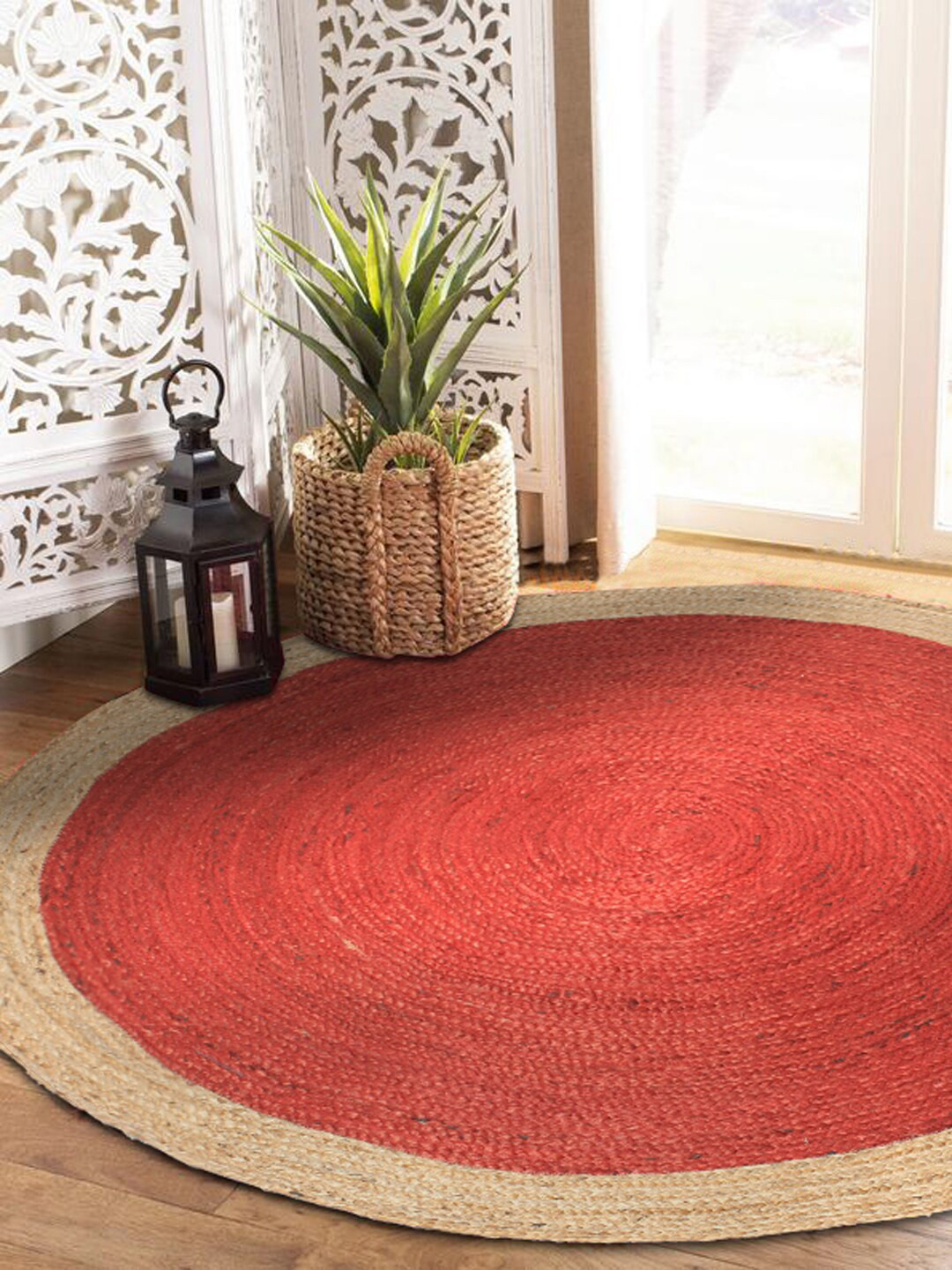 HABERE INDIA Red & Beige Solid Round Rug Carpet