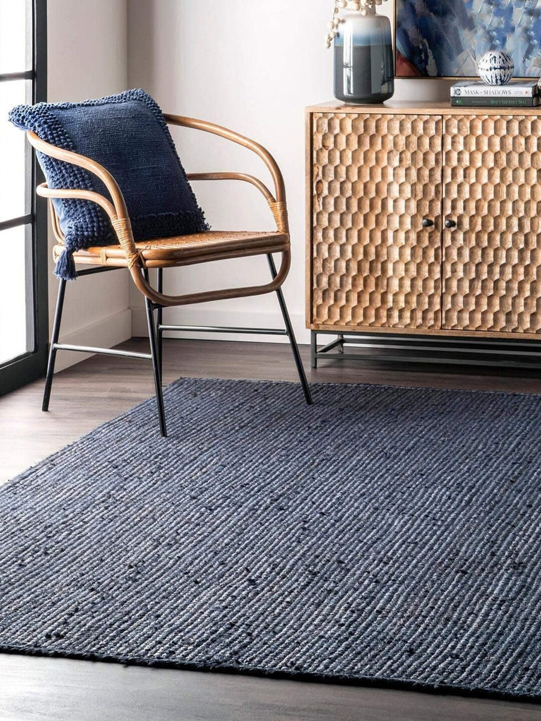 HABERE INDIA Navy Blue Woven Design Handmade Jute Carpet