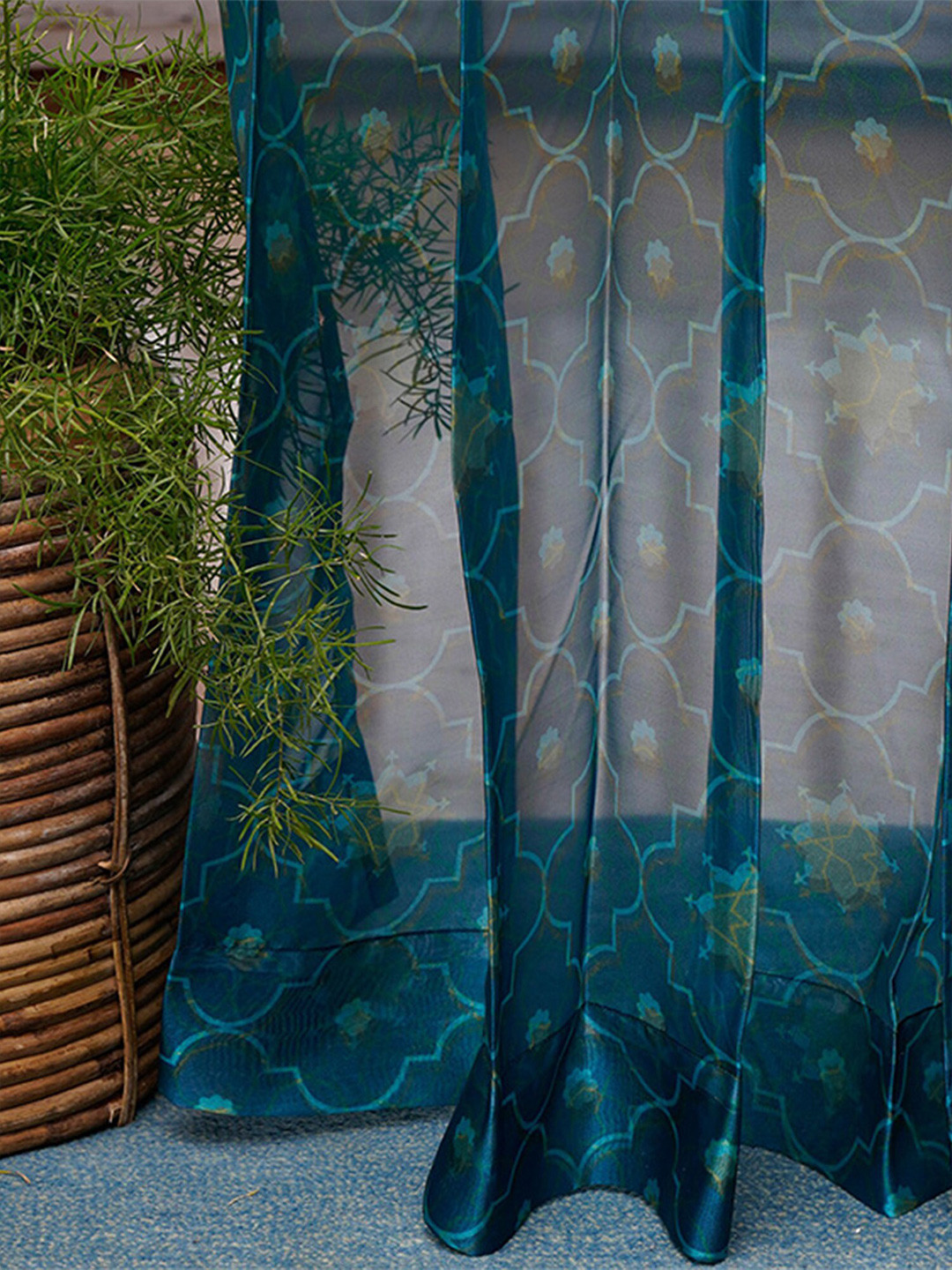 ZEBA Teal Ethnic Motifs Sheer Door & Window Curtains