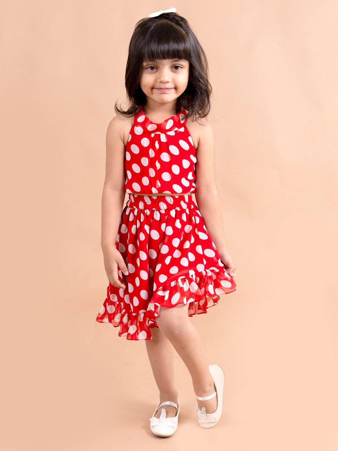pspeaches Girls Red & White Printed Top with Skirt