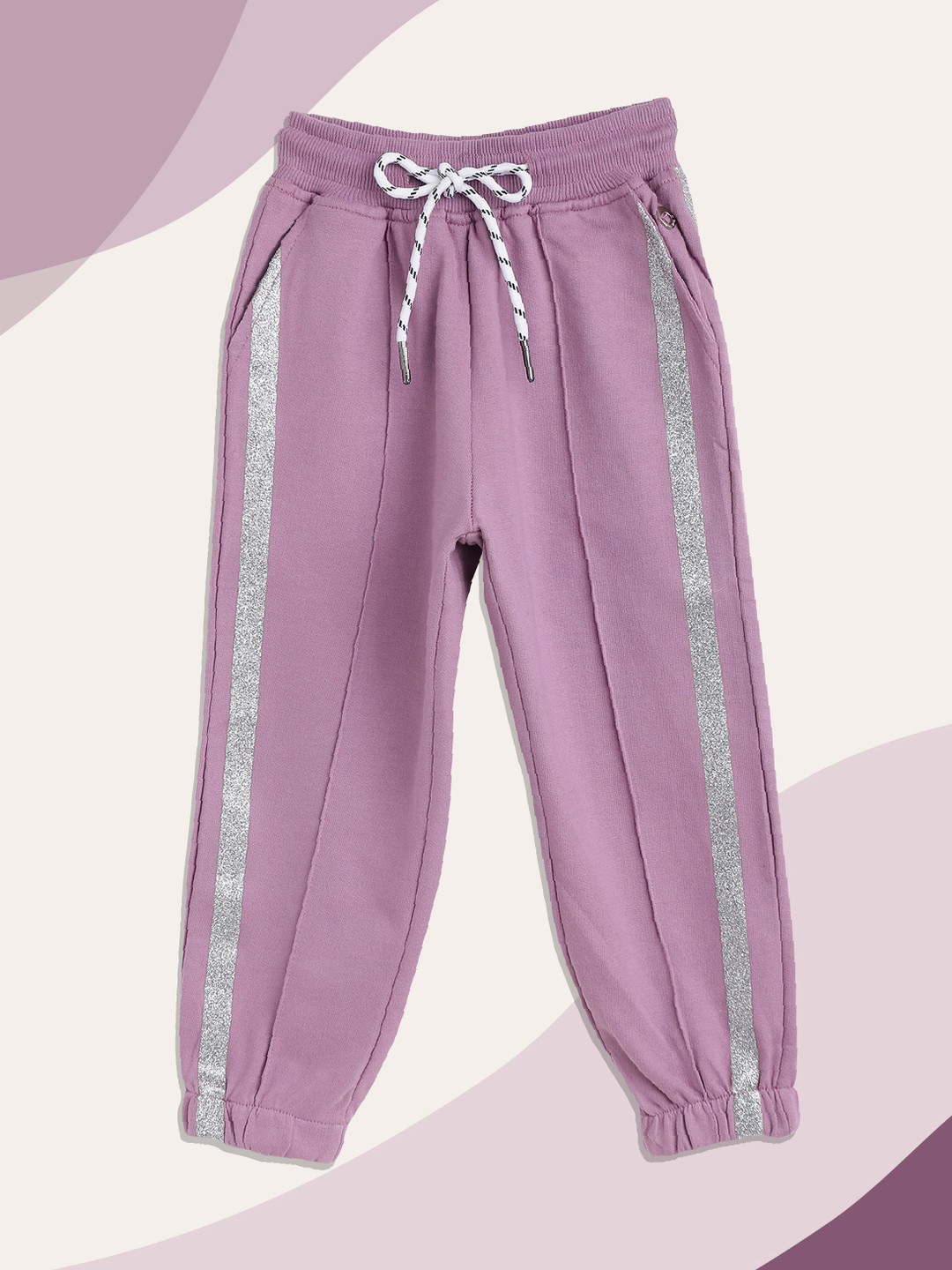 Gini and Jony Girls Purple Solid Cotton Joggers with Side Stripe Detail