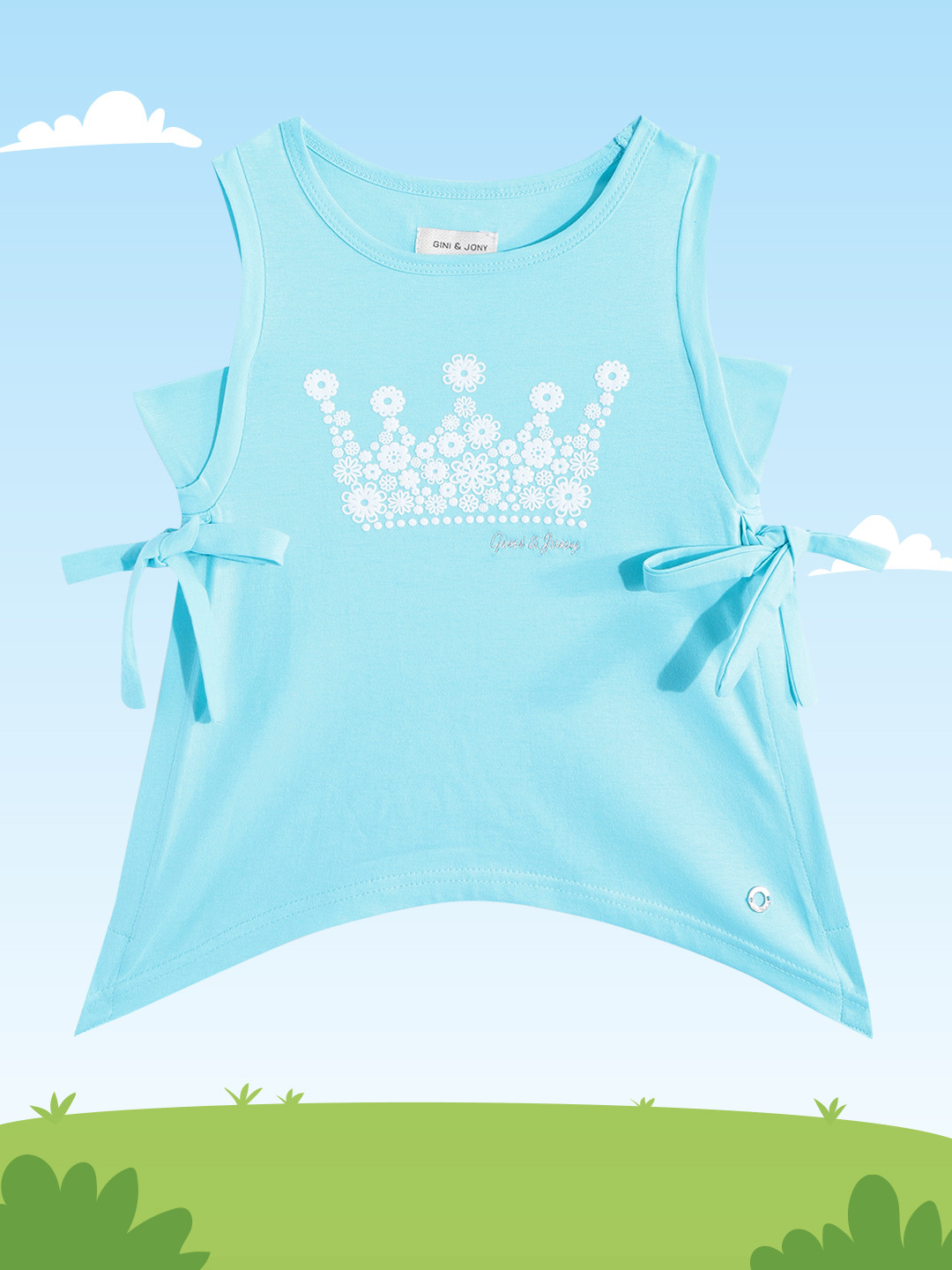 Gini and Jony Girls Blue & White Floral Print Cotton A-Line Top with Tie-Ups