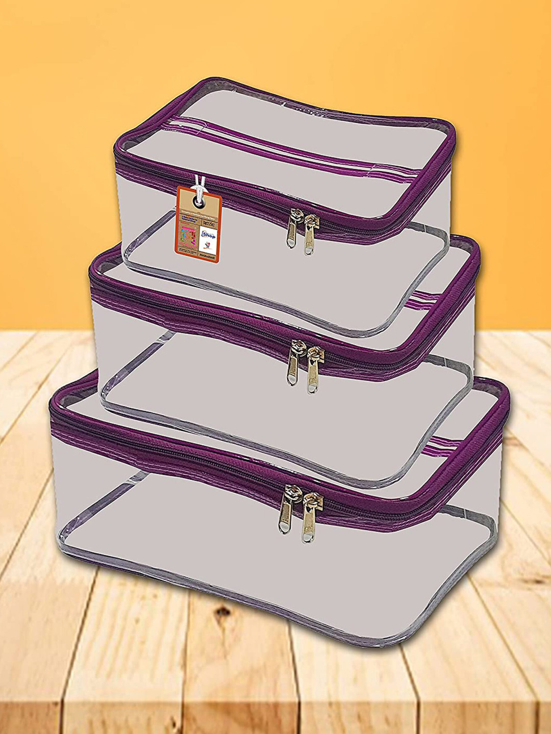 atorakushon Set Of 3 Purple & Transparent Solid Cosmetic Vanity Jewellery Organisers
