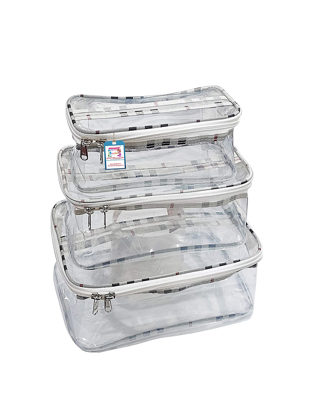 atorakushon Set Of 3 Transparent & White Checked Cosmetic Vanity Jewellery Organisers