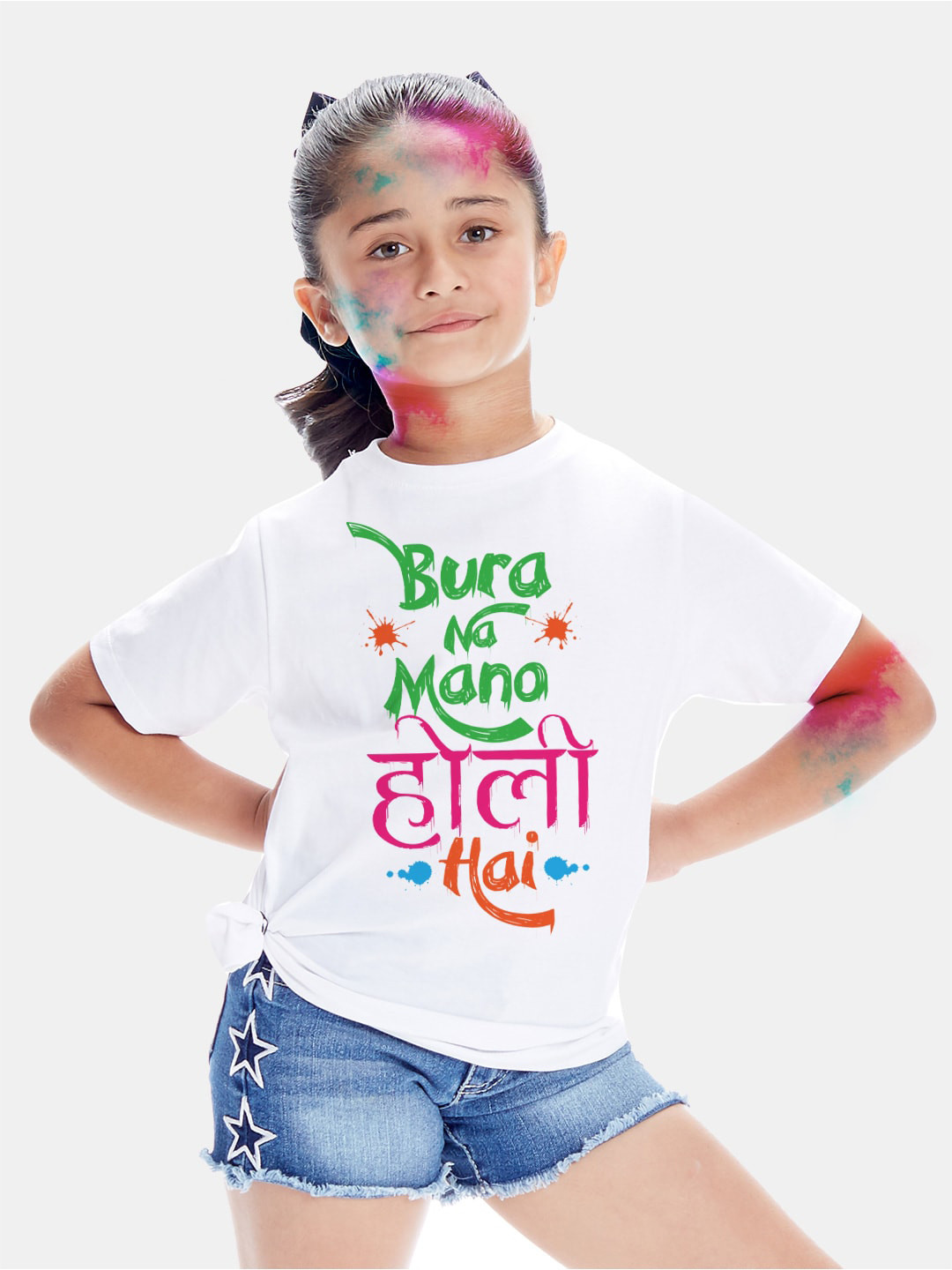 BONKIDS Girls White & Green Holi Printed Cotton T-shirt