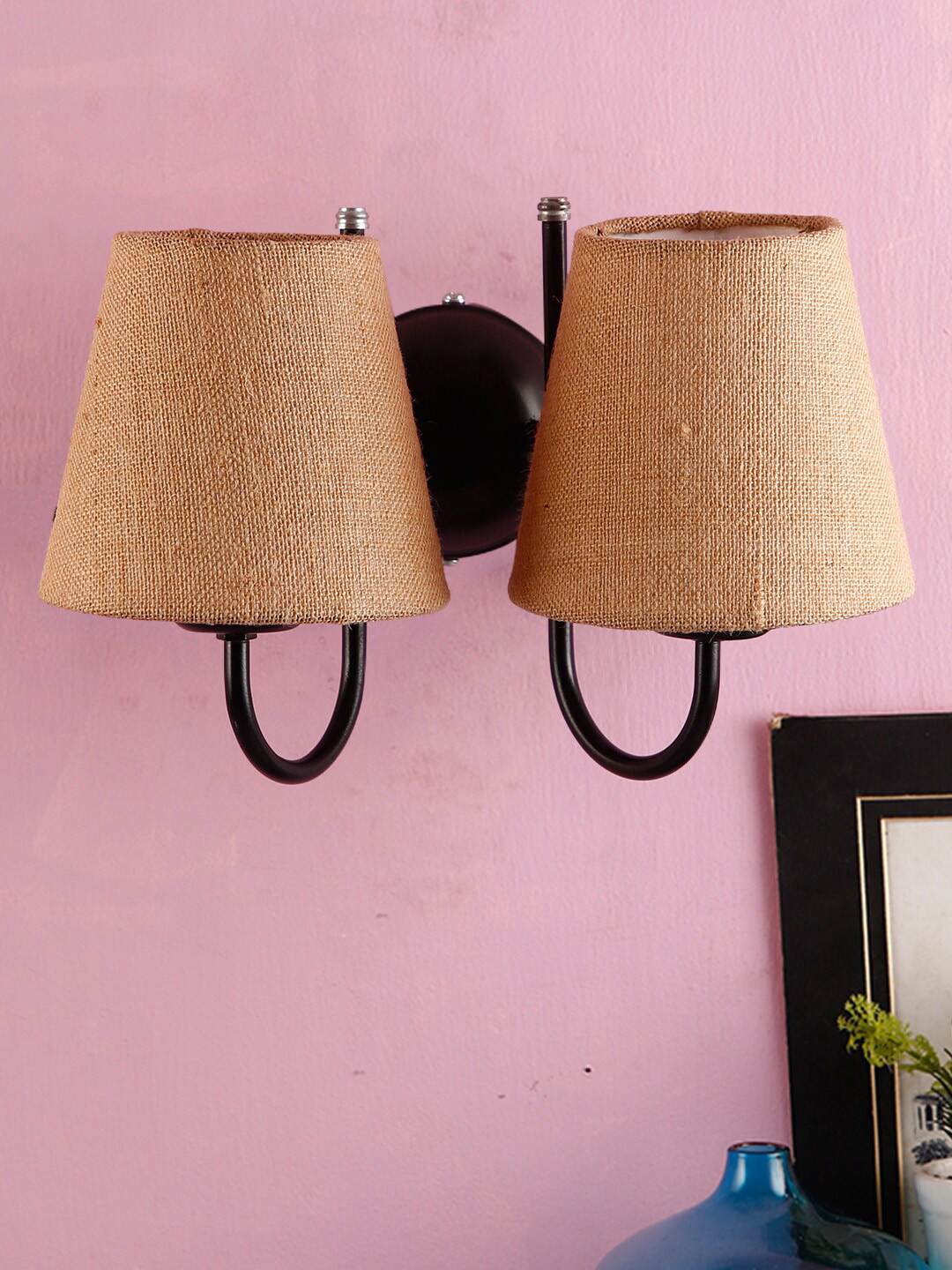 Devansh Beige Jute Wall Lamp with Black Base