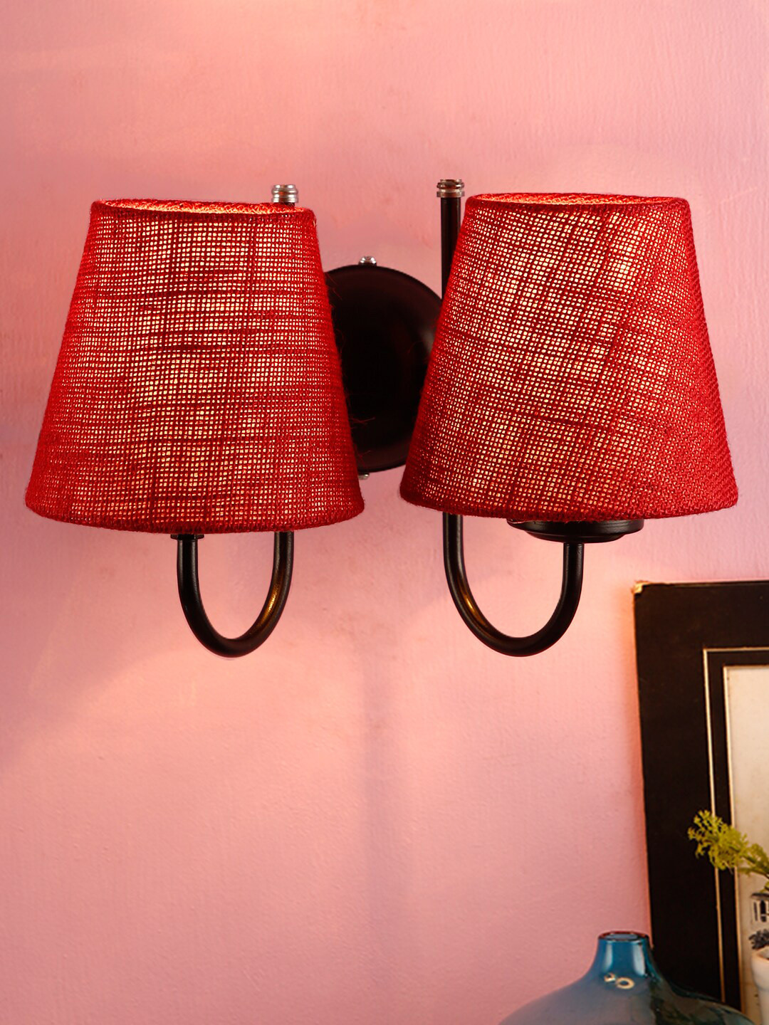Devansh Maroon Jute Conical Double Wall Mounted Lamp With Black Base