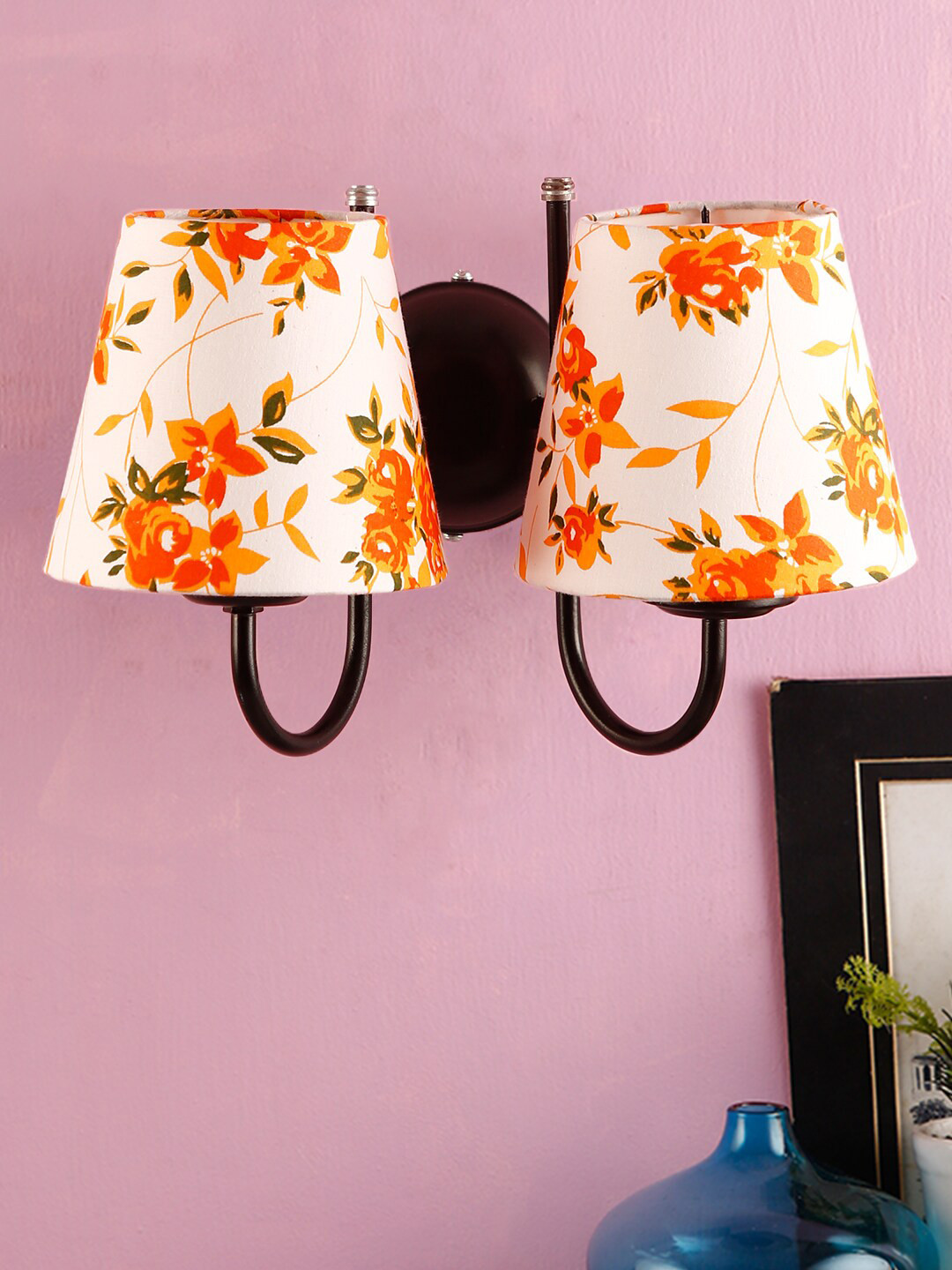 Devansh White & Orange Floral Printed Cotton Wall Lamp with Black Base