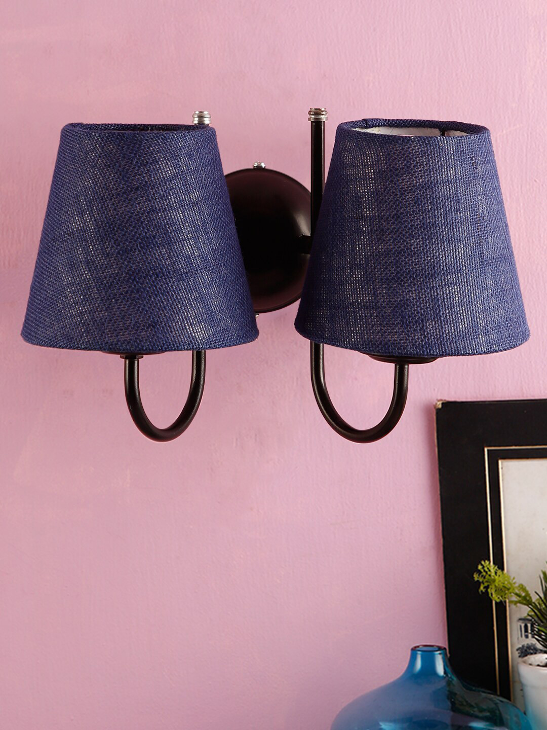 Devansh Blue Jute conical Double Wall Mounted Lamp with Black Base