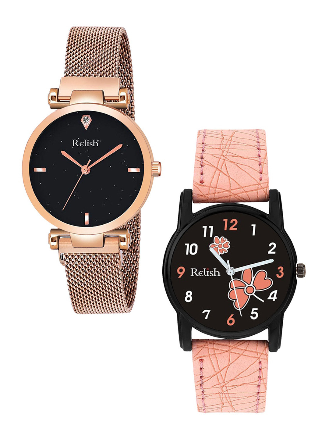 Relish Women Set of 2 Black Dial & Rose-Gold Straps Analogue Watches