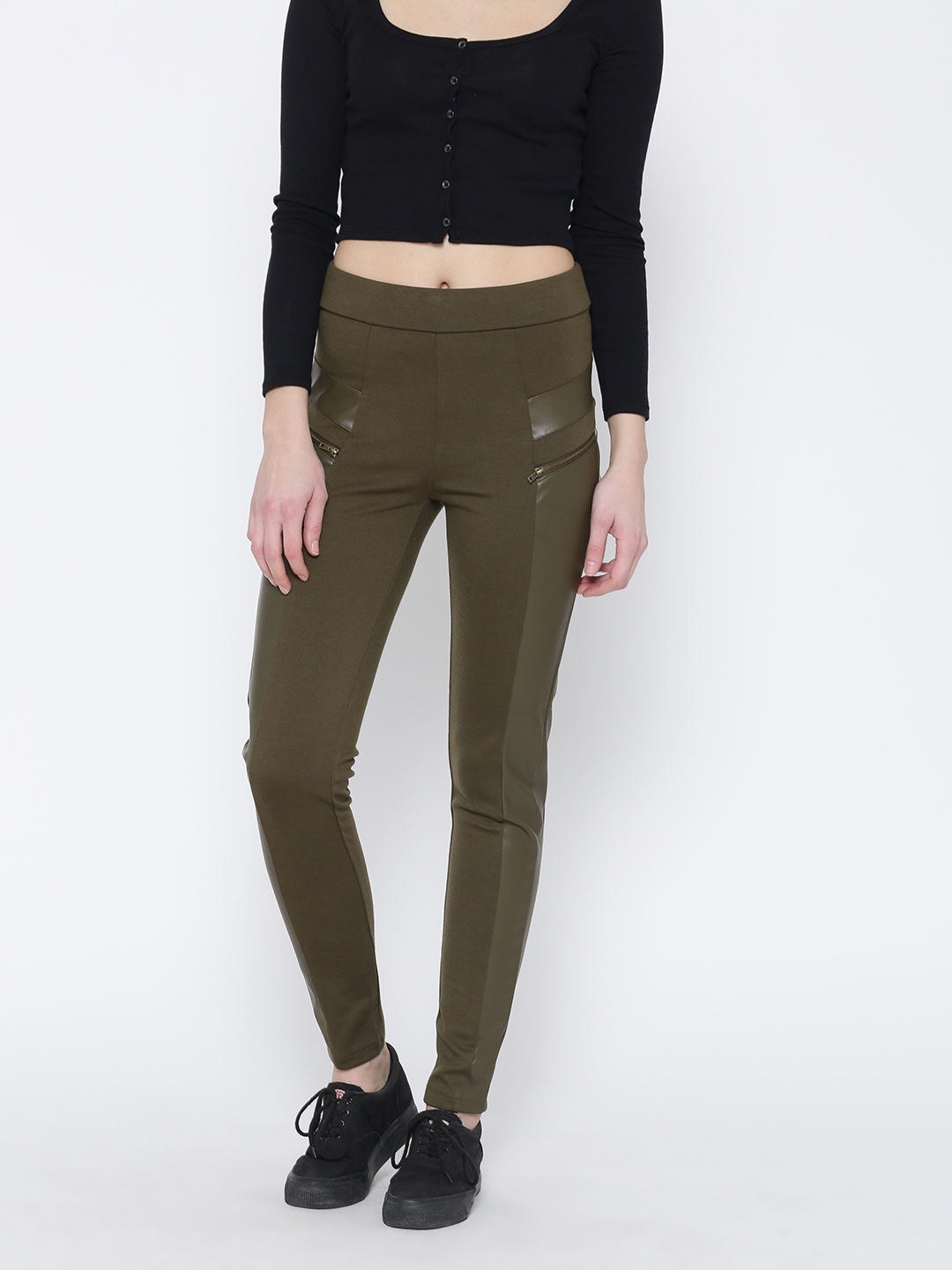 Buy FOREVER 21 Olive Green Panelled Skinny Fit Jeggings - Jeggings