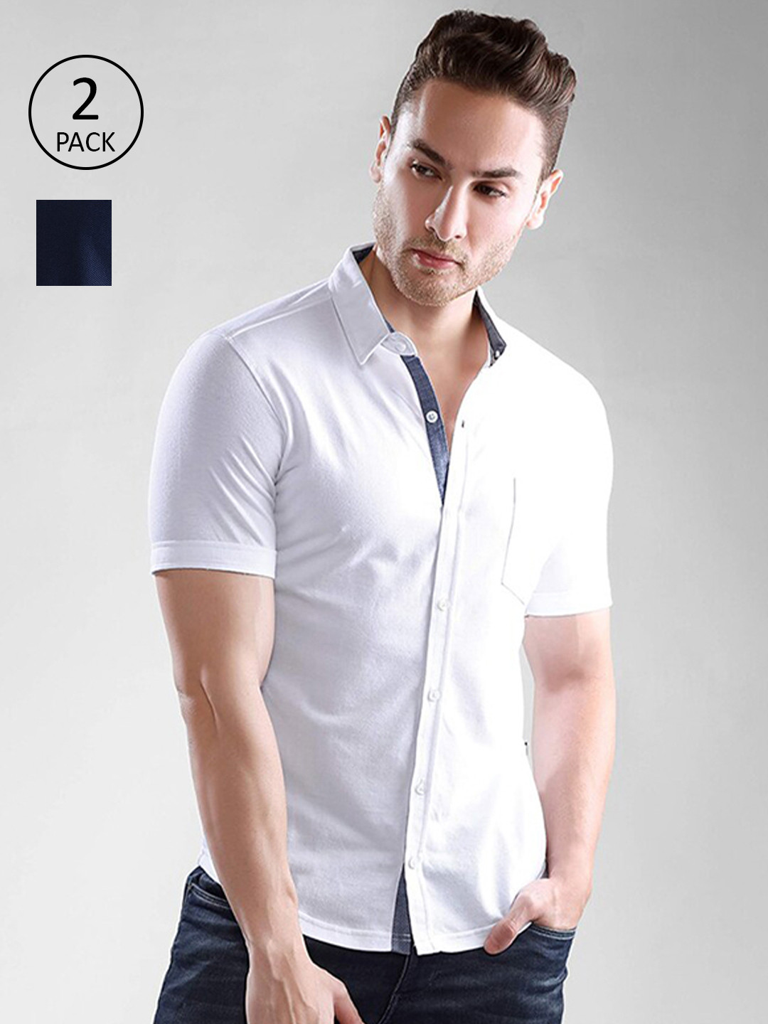 Dream of Glory Inc Men Pack Of 2 Navy Blue & White 2 Polo Collar T-shirt & Shirt