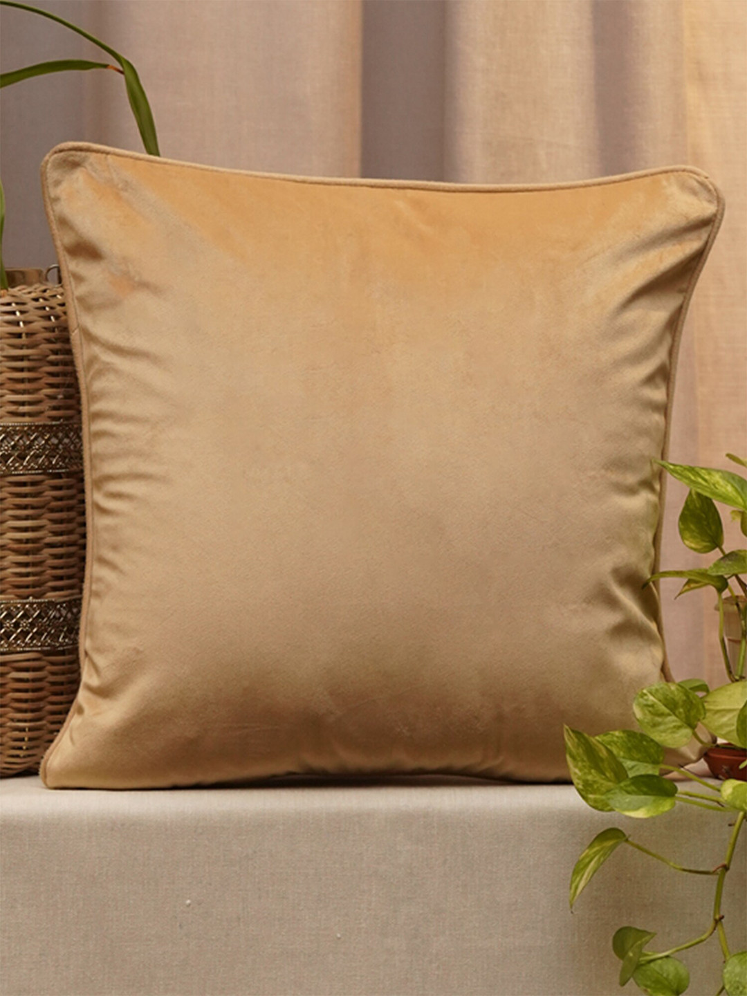 ZEBA Beige Solid Velvet Square Cushion Covers
