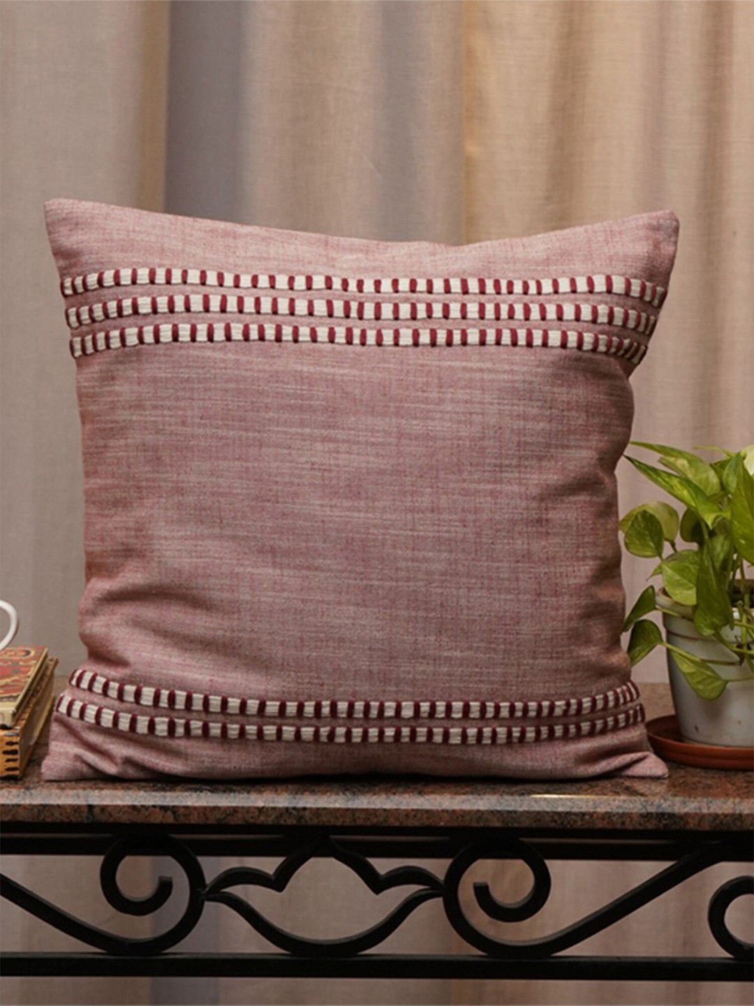 ZEBA Textured Red Colourblocked Cotton Washable Square Cushion Covers - 15.7 x 15.7 In