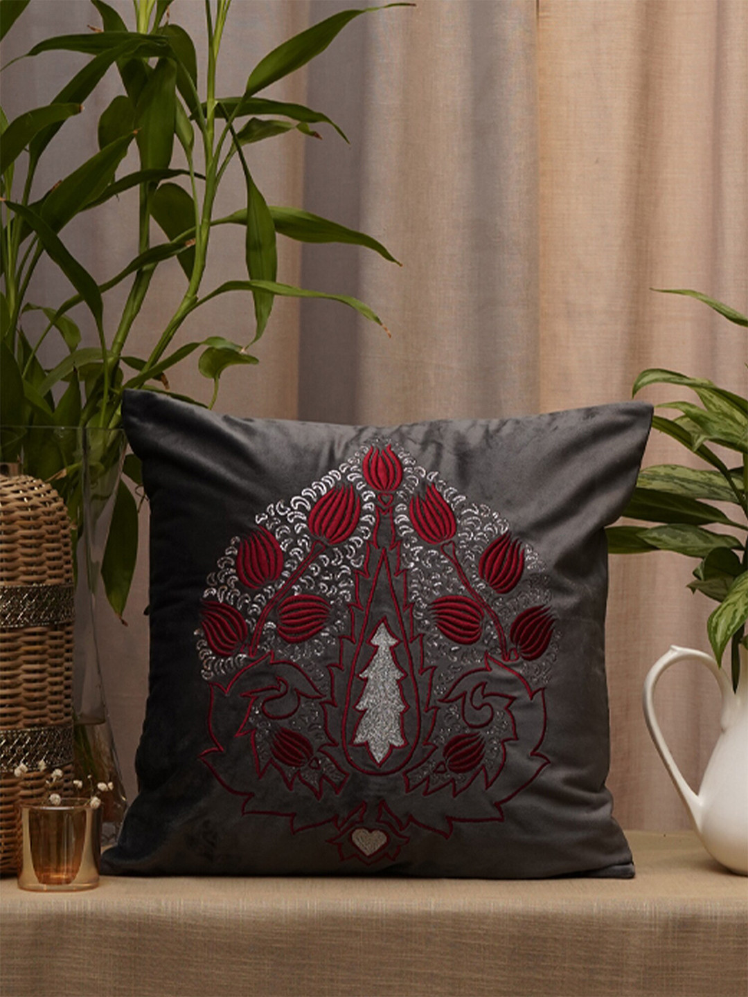 ZEBA Grey Velvet Washable Embroidered Square Cushion Cover -16x16In