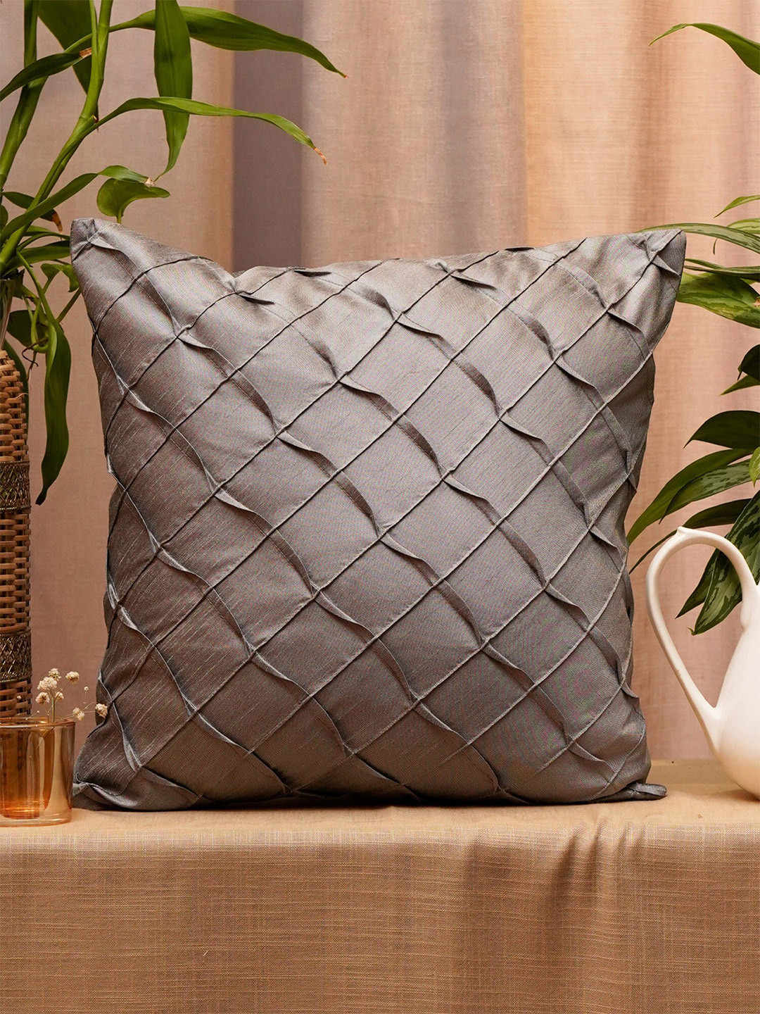 ZEBA Grey Shell Pin Tuck Square Cushion Covers