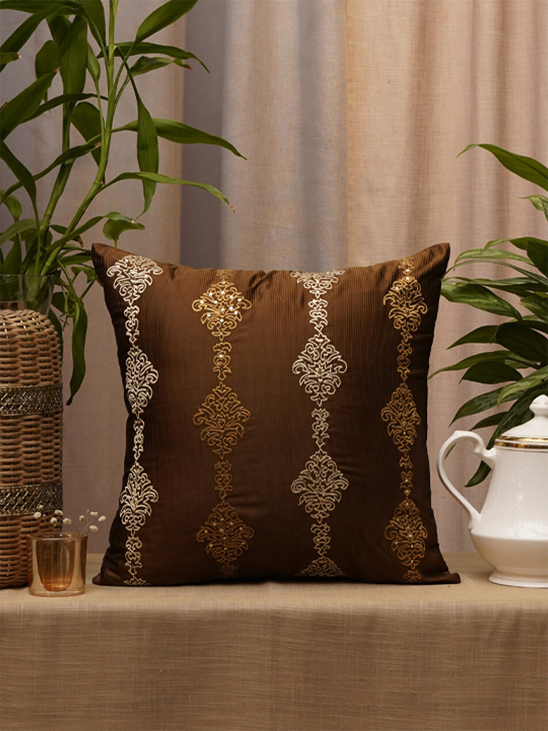 ZEBA Brown Polyester Washable Embroidered Square Cushion Cover -16x16In