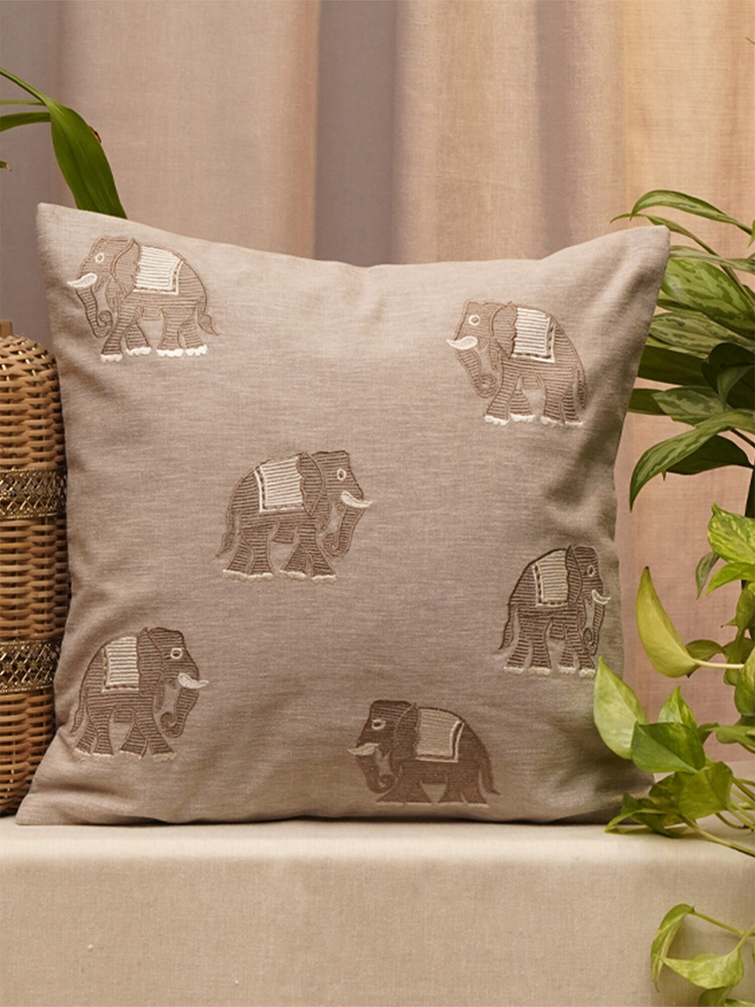 ZEBA Beige Embroidered Cotton Breathable Square Cushion Cover - 16 x 16 Inches