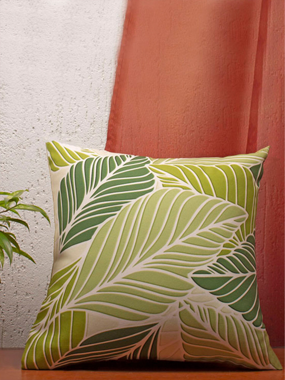 ZEBA Green & Fluorescent Green Floral Printed Square Cushion Cover