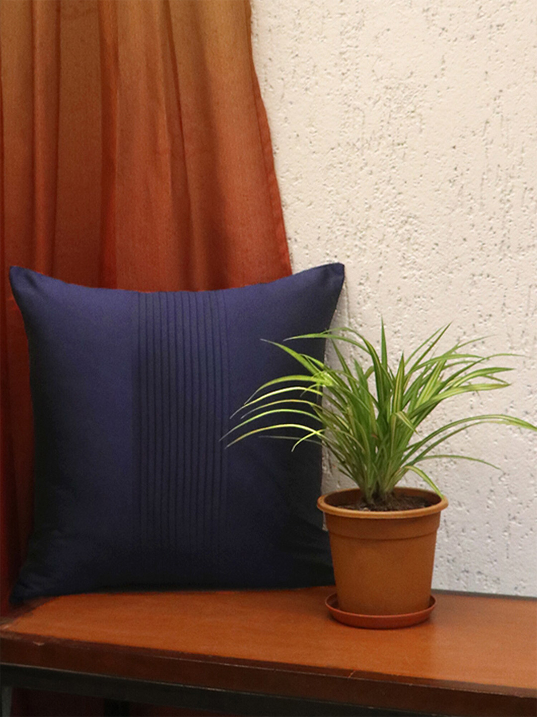 ZEBA Blue Self Design Polyester Washable Embroidered Square Cushion Cover -16x16In