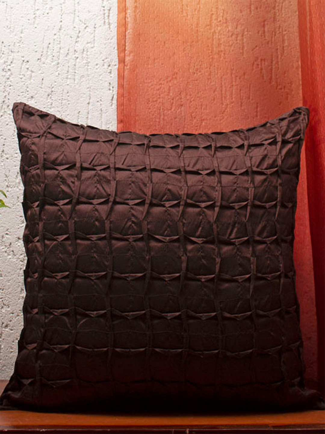 ZEBA Brown Geometric Polyester Washable Textured Square Cushion Cover - 15.7 x 15.7 Inches